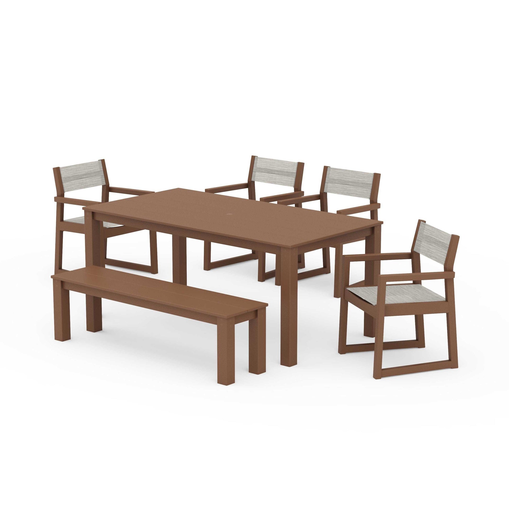 POLYWOOD EDGE Sling Arm Chair 6-Piece Parsons Dining Set with Bench — Teak / Birch Sling