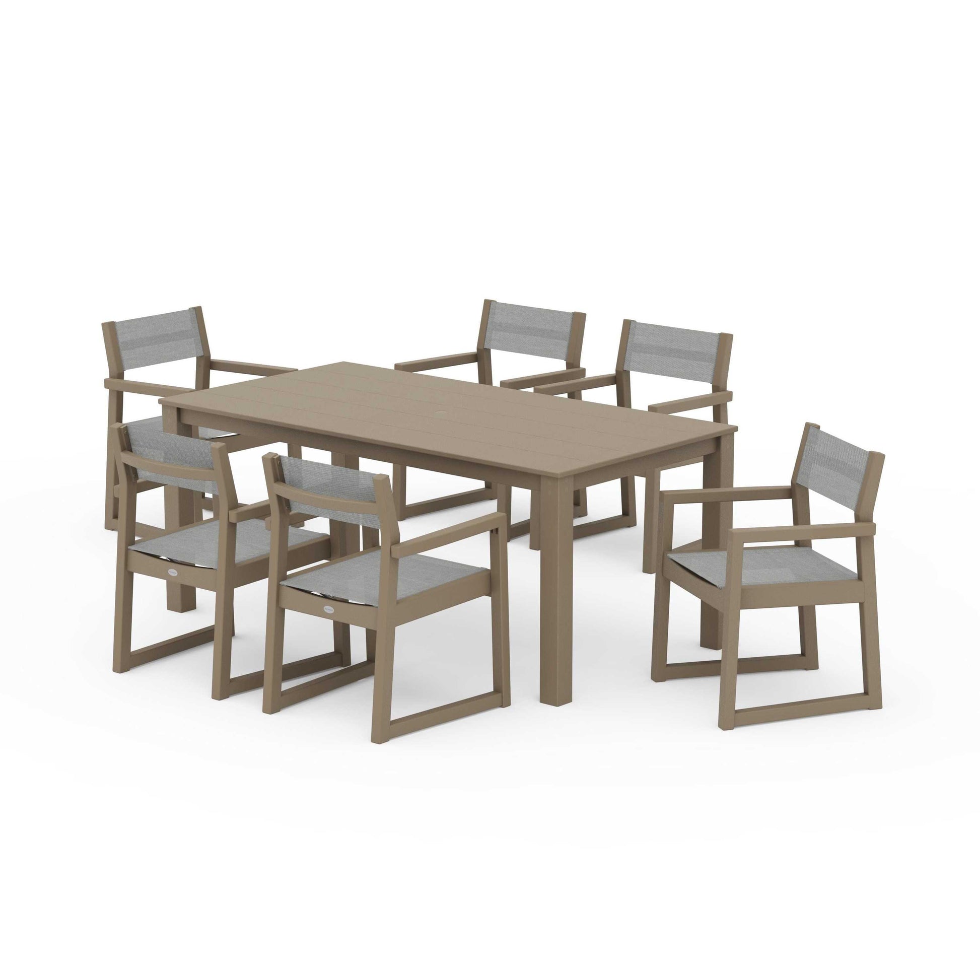POLYWOOD EDGE Sling Arm Chair 7-Piece Parsons Dining Set — Vintage Sahara / Metallic Sling