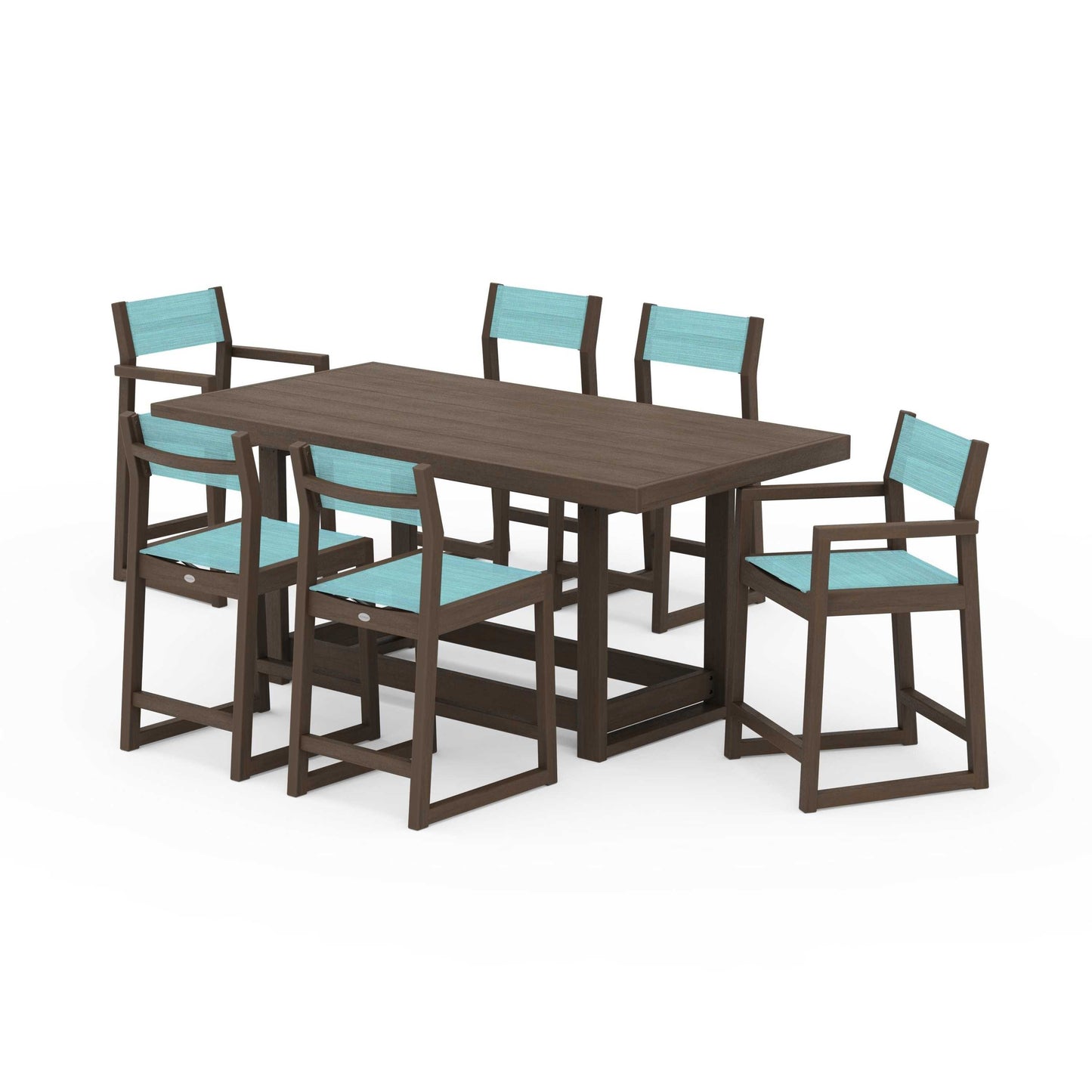 POLYWOOD EDGE Sling 7-Piece Counter Table Set — Kona / Dupioni Aquamarine Sling