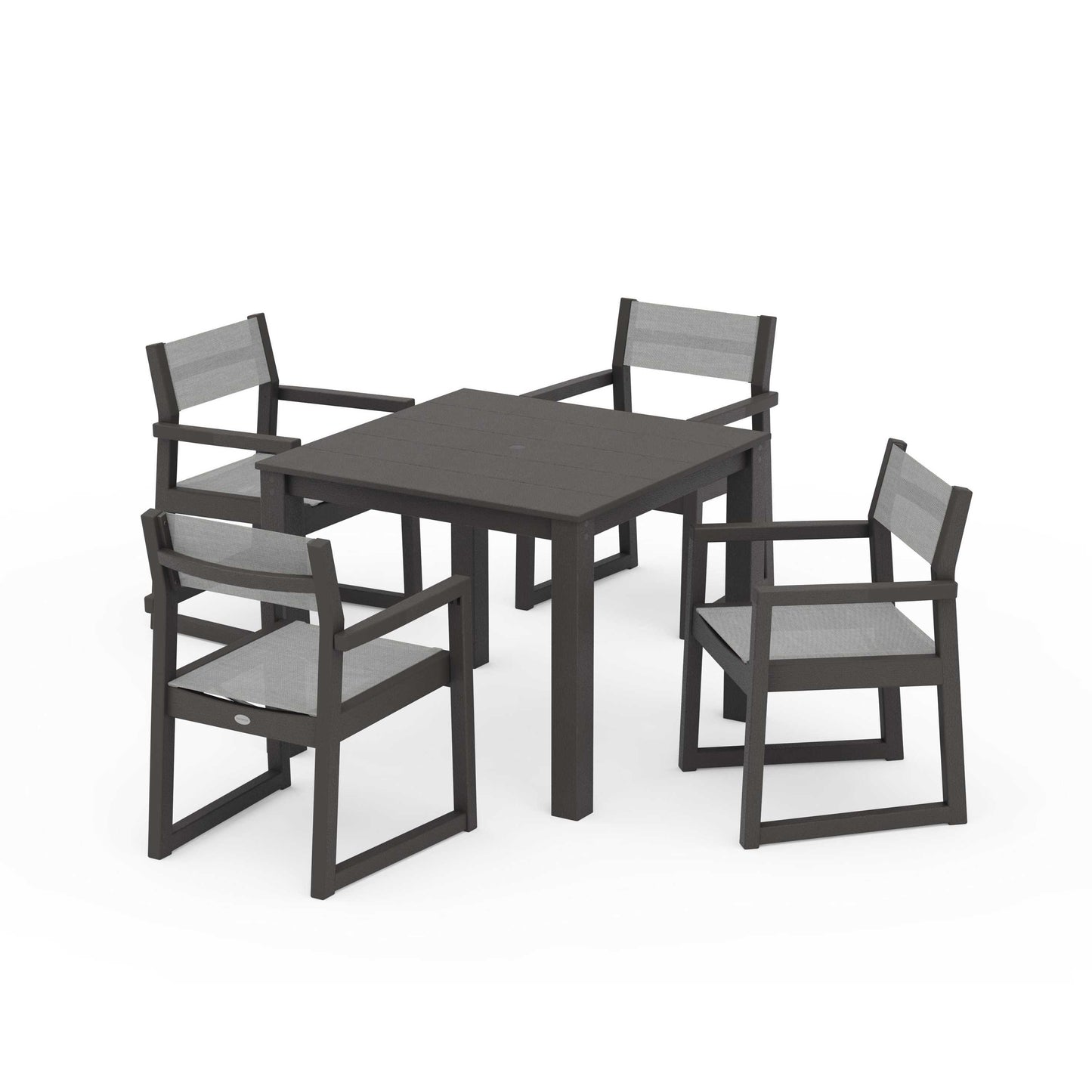 POLYWOOD EDGE Sling Arm Chair 5-Piece Parsons Dining Set — Vintage Coffee / Metallic Sling