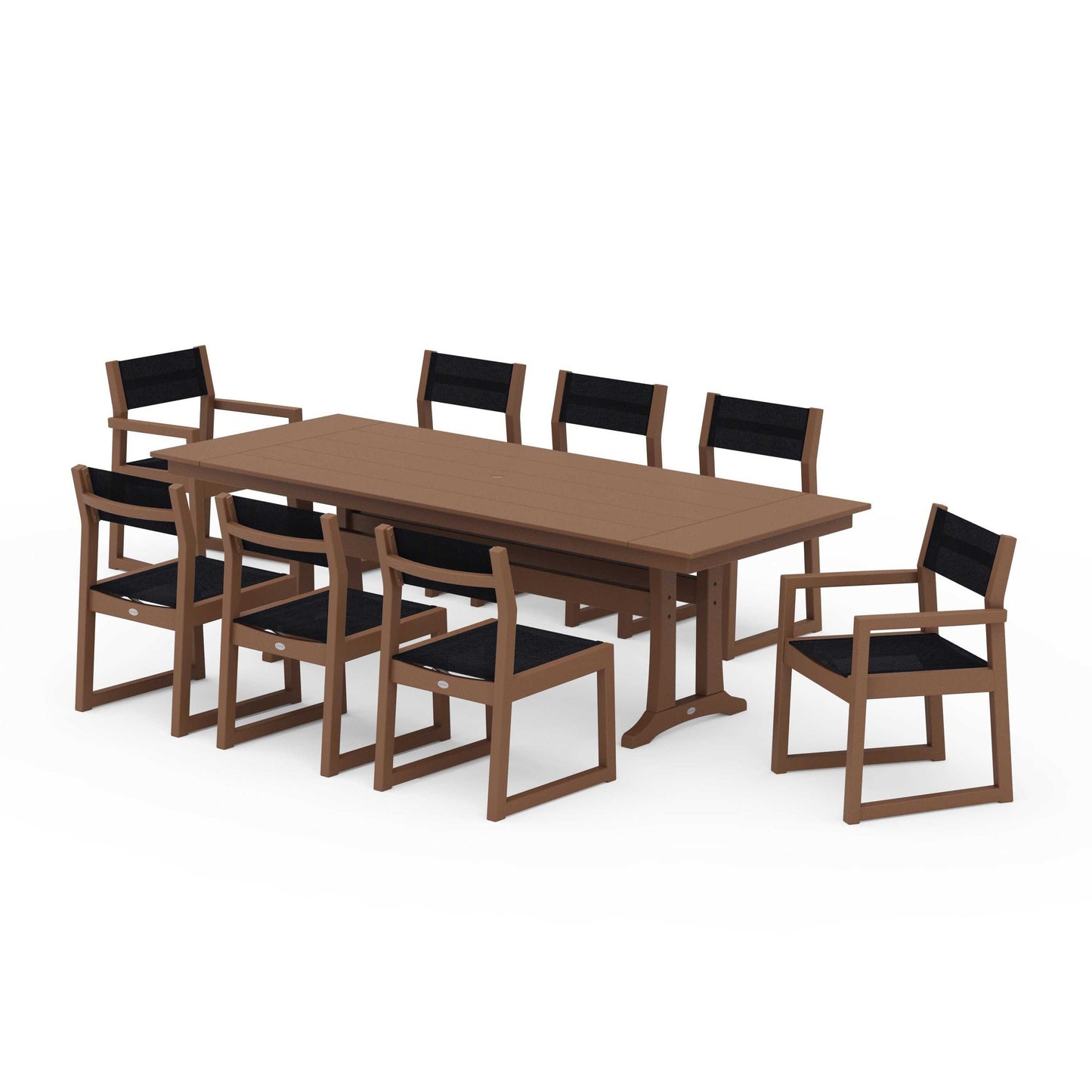 POLYWOOD EDGE Sling 9-Piece Farmhouse Trestle Dining Set — Teak / Black Sling