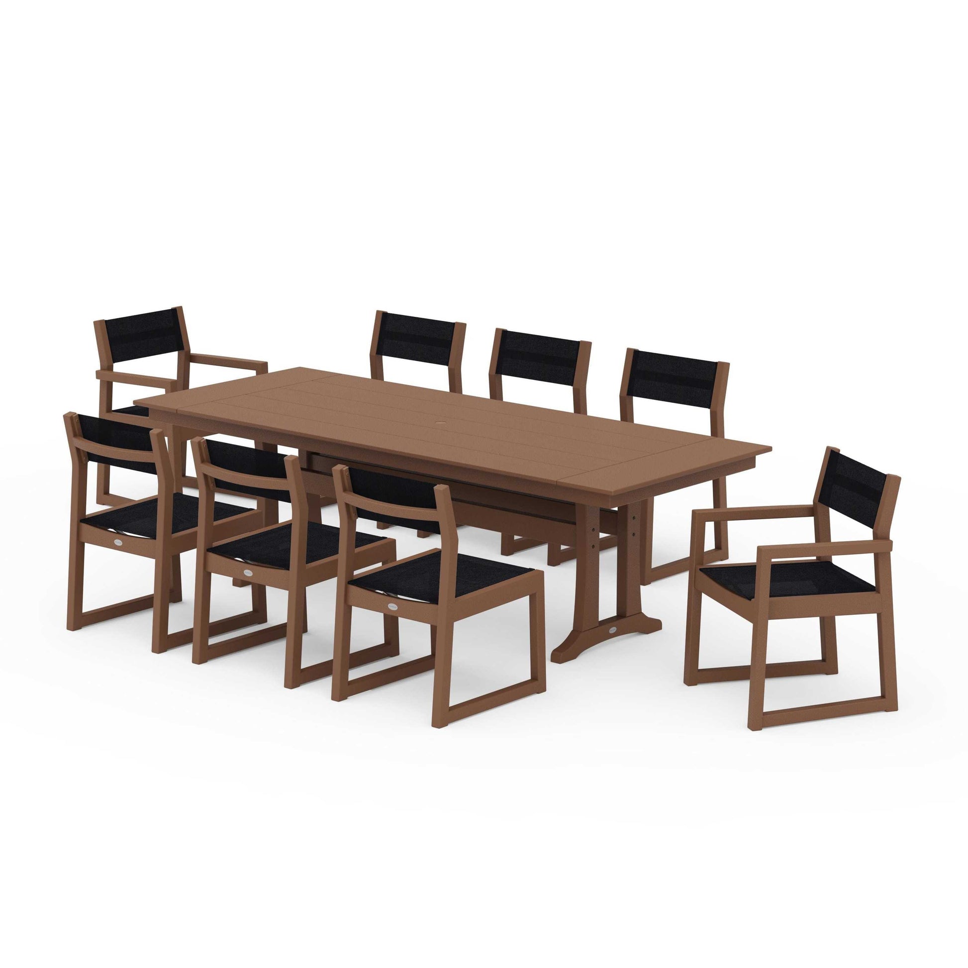 POLYWOOD EDGE Sling 9-Piece Farmhouse Trestle Dining Set — Teak / Black Sling