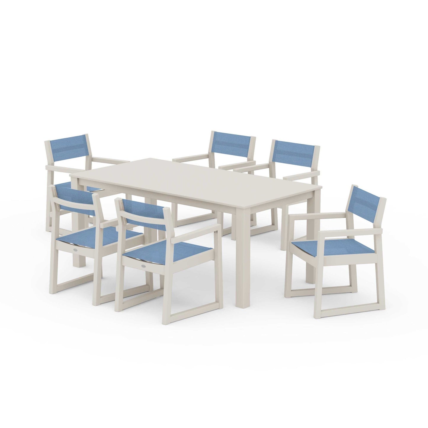 POLYWOOD EDGE Sling Arm Chair 7-Piece Parsons Dining Set — Sand / Poolside Sling