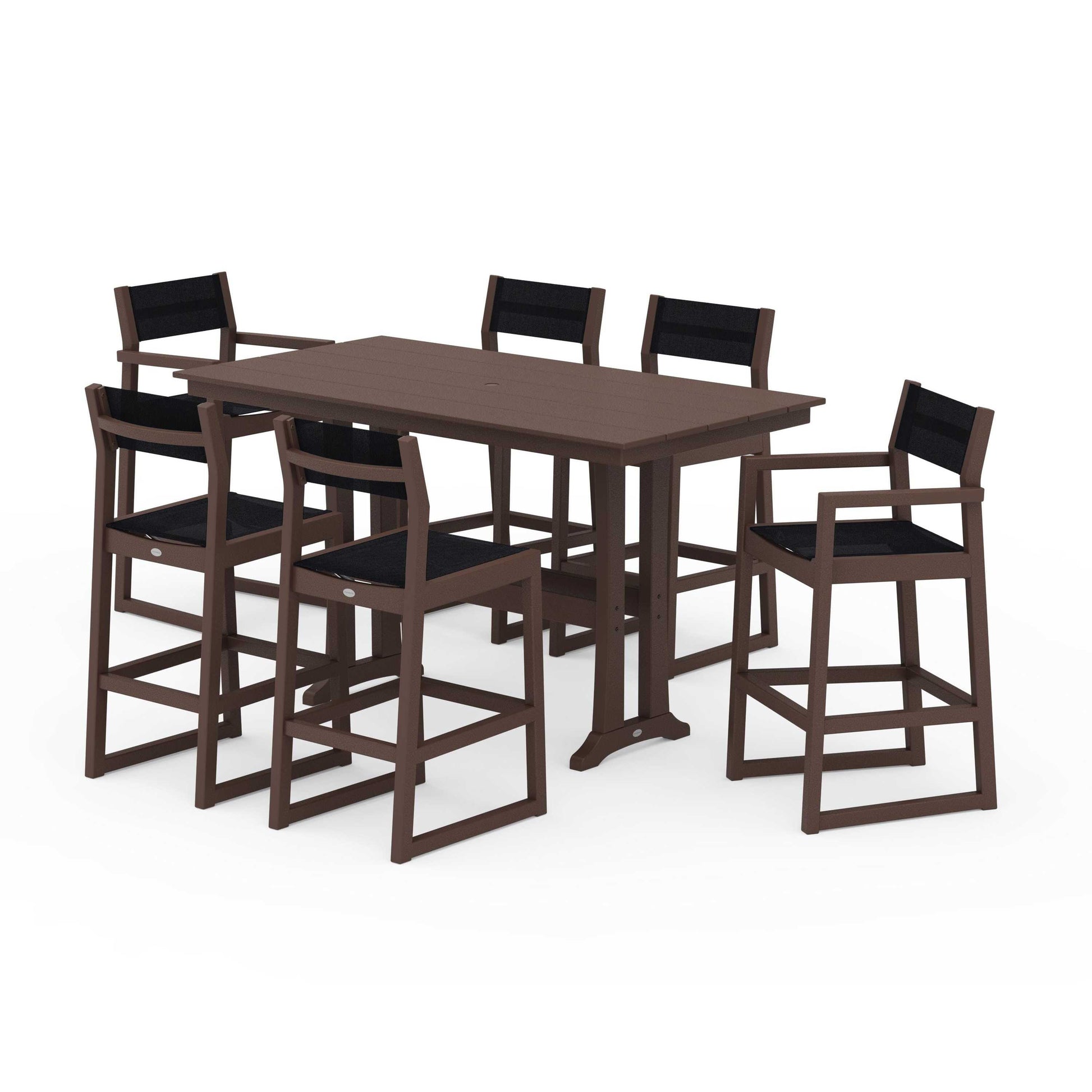 POLYWOOD EDGE Sling 7-Piece Farmhouse Bar Set with Trestle Legs — Mahogany / Black Sling