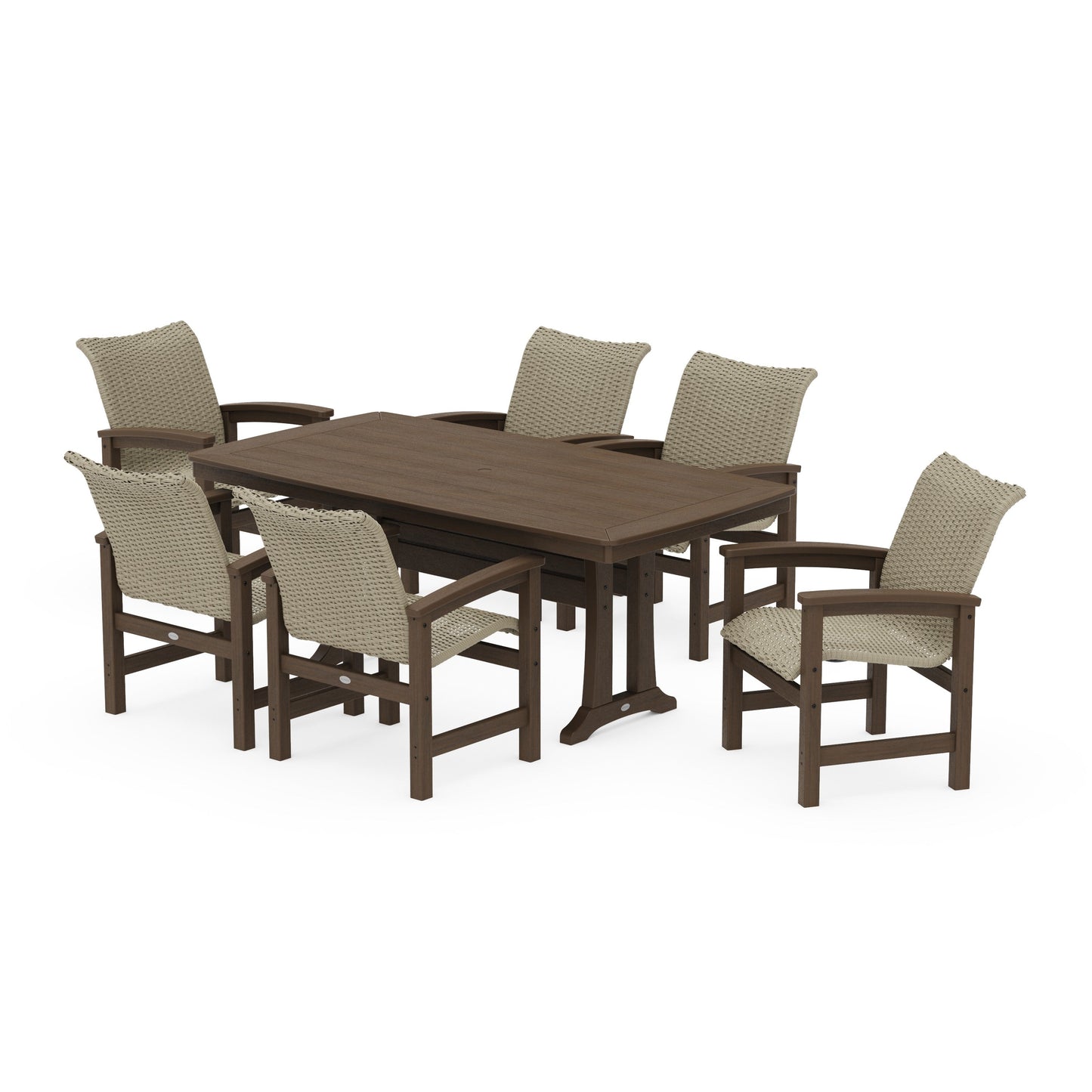 POLYWOOD Coastal Woven Arm Chair 7-Piece Dining Set with Trestle Legs — Kona / Dune Grass