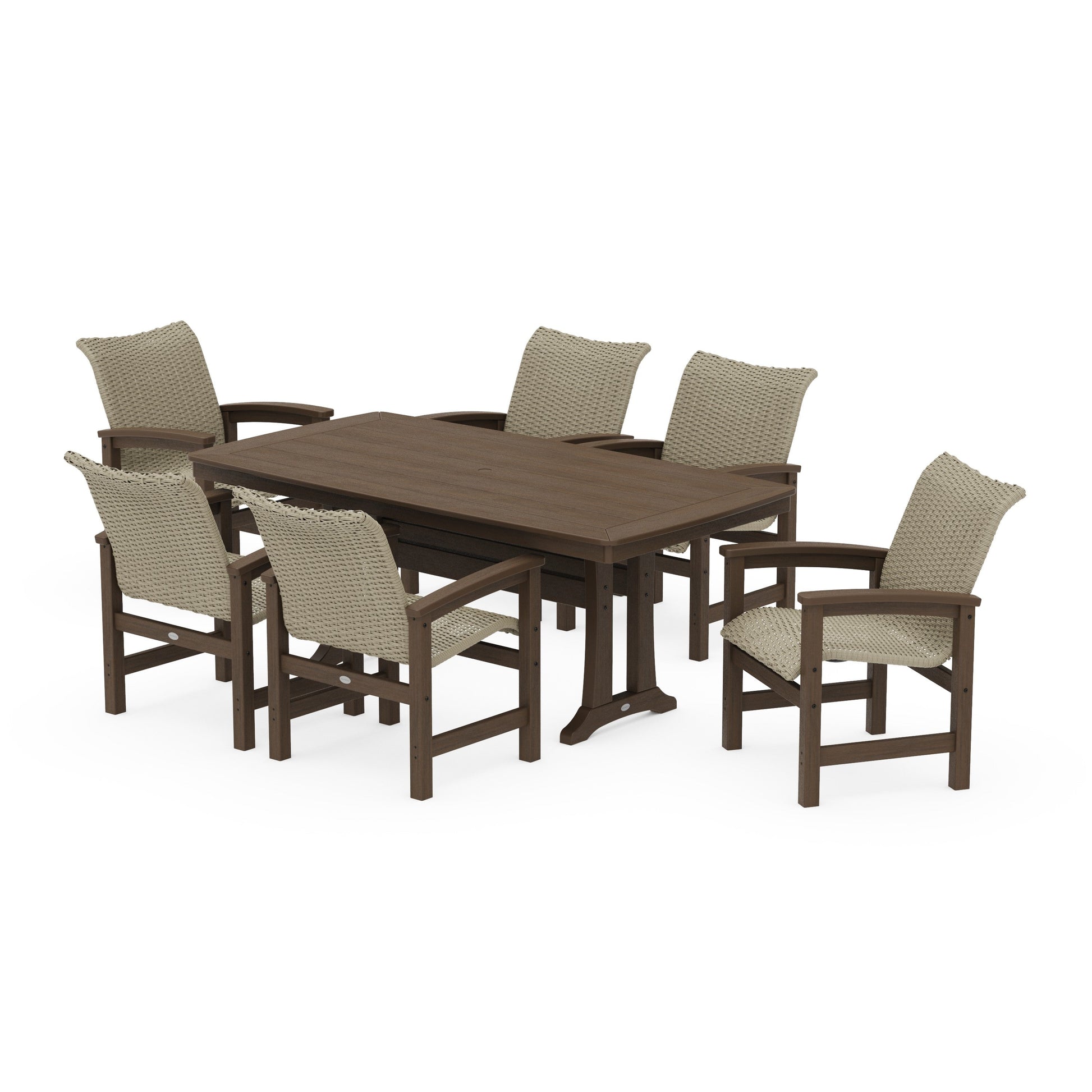 POLYWOOD Coastal Woven Arm Chair 7-Piece Dining Set with Trestle Legs — Kona / Dune Grass