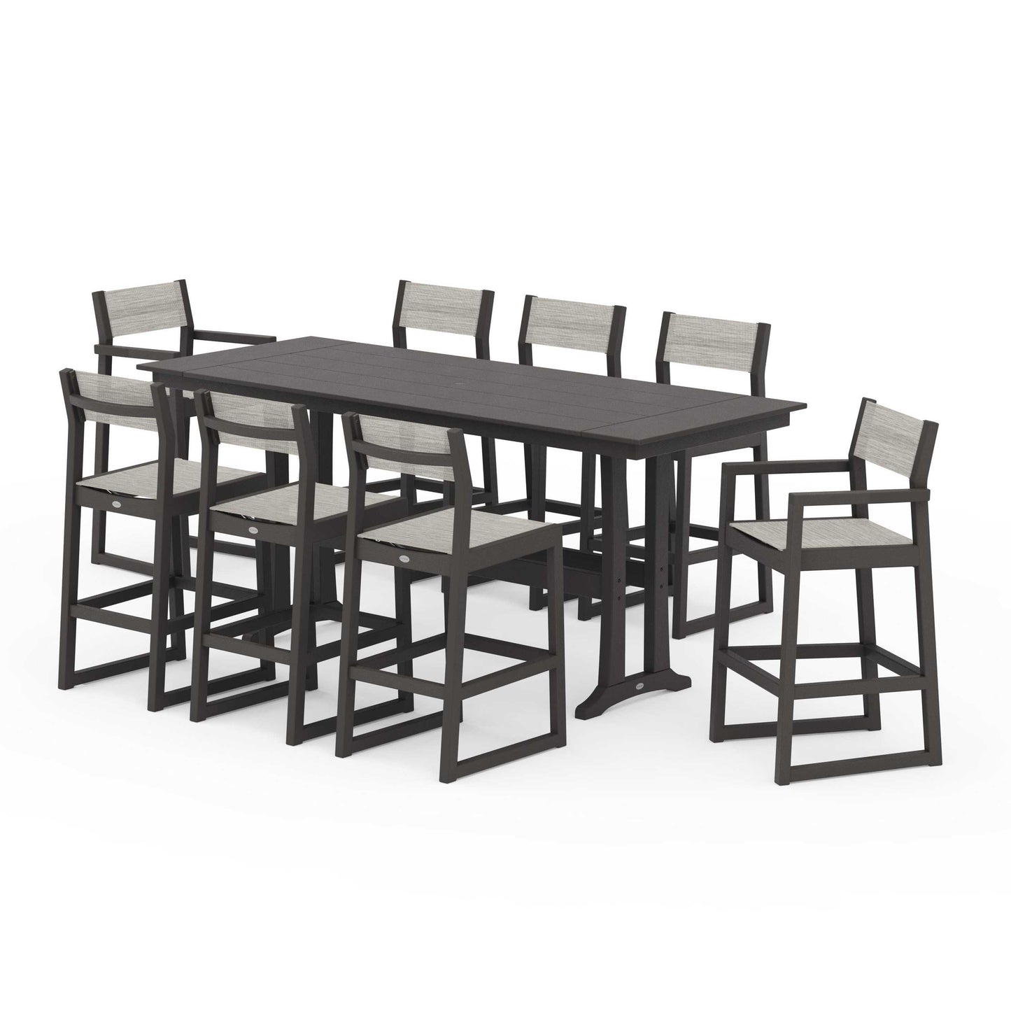 POLYWOOD EDGE Sling 9-Piece Farmhouse Bar Set with Trestle Legs — Vintage Coffee / Birch Sling