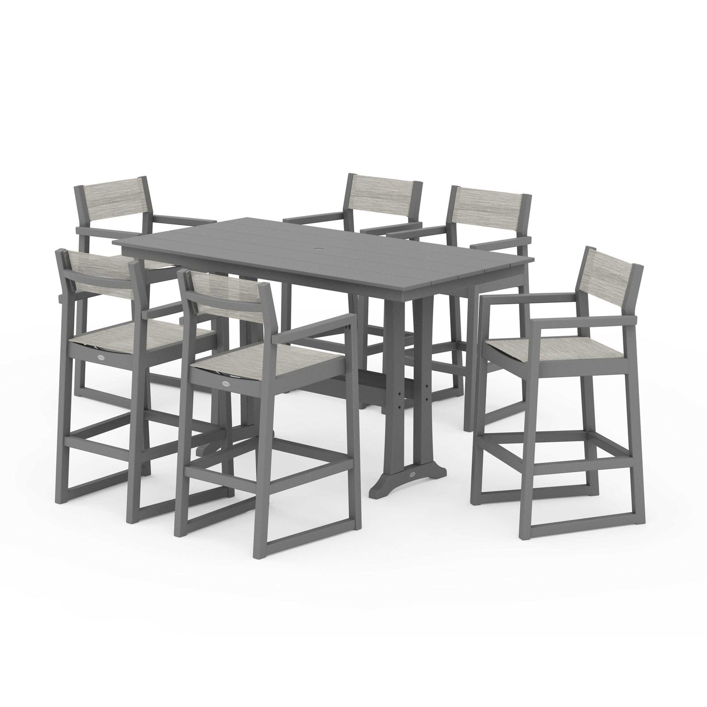 POLYWOOD EDGE Sling Arm Chair 7-Piece Farmhouse Bar Set with Trestle Legs — Slate Grey / Birch Sling