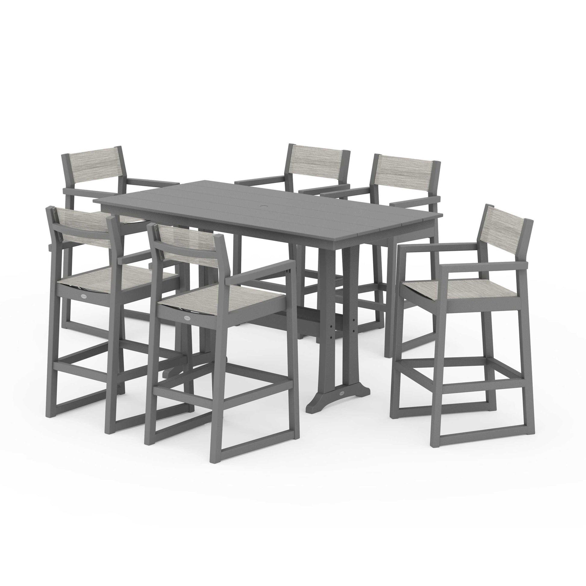 POLYWOOD EDGE Sling Arm Chair 7-Piece Farmhouse Bar Set with Trestle Legs — Slate Grey / Birch Sling