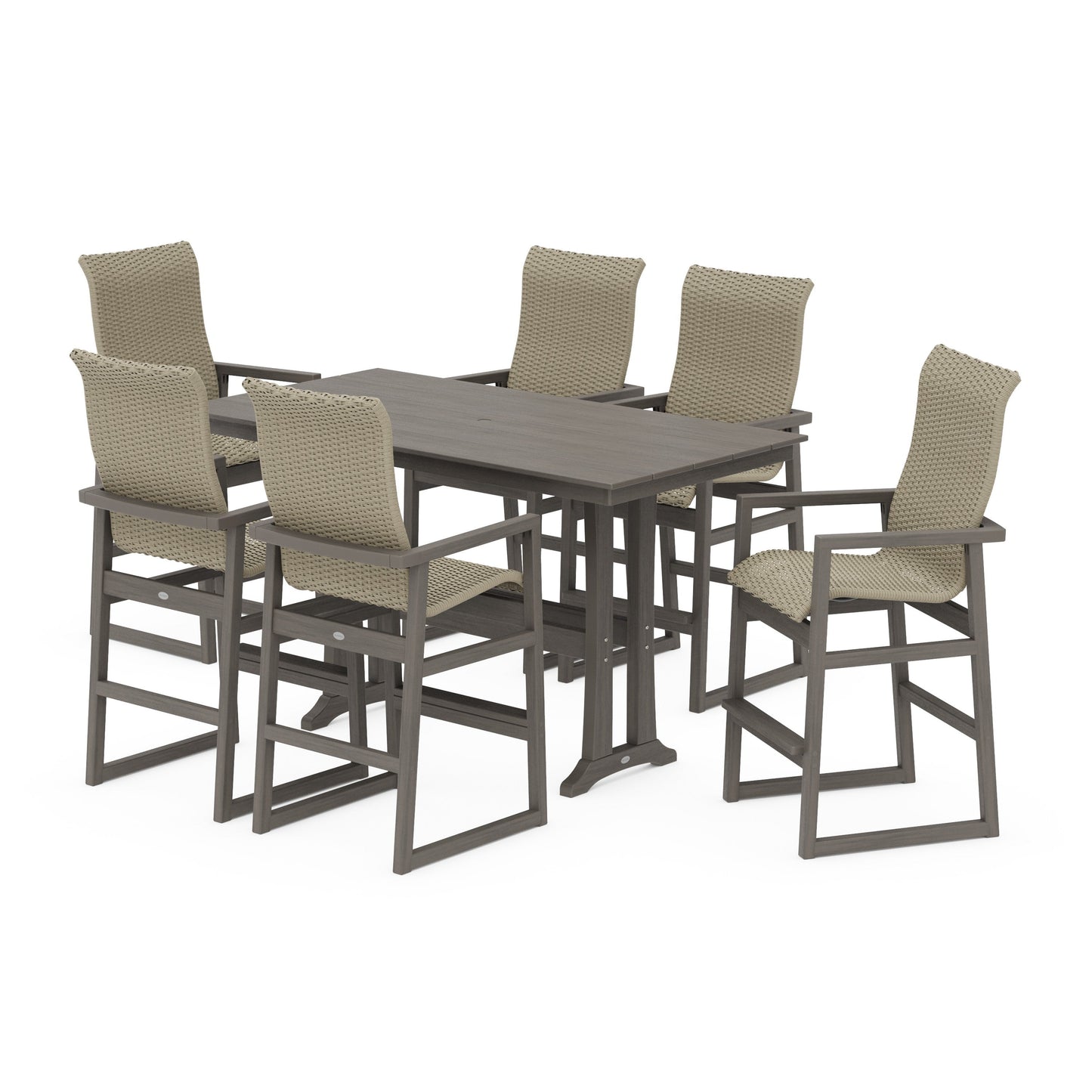 POLYWOOD EDGE Woven Highback Arm Chair 7-Piece Farmhouse Bar Set with Trestle Legs — Driftwood / Dune Grass