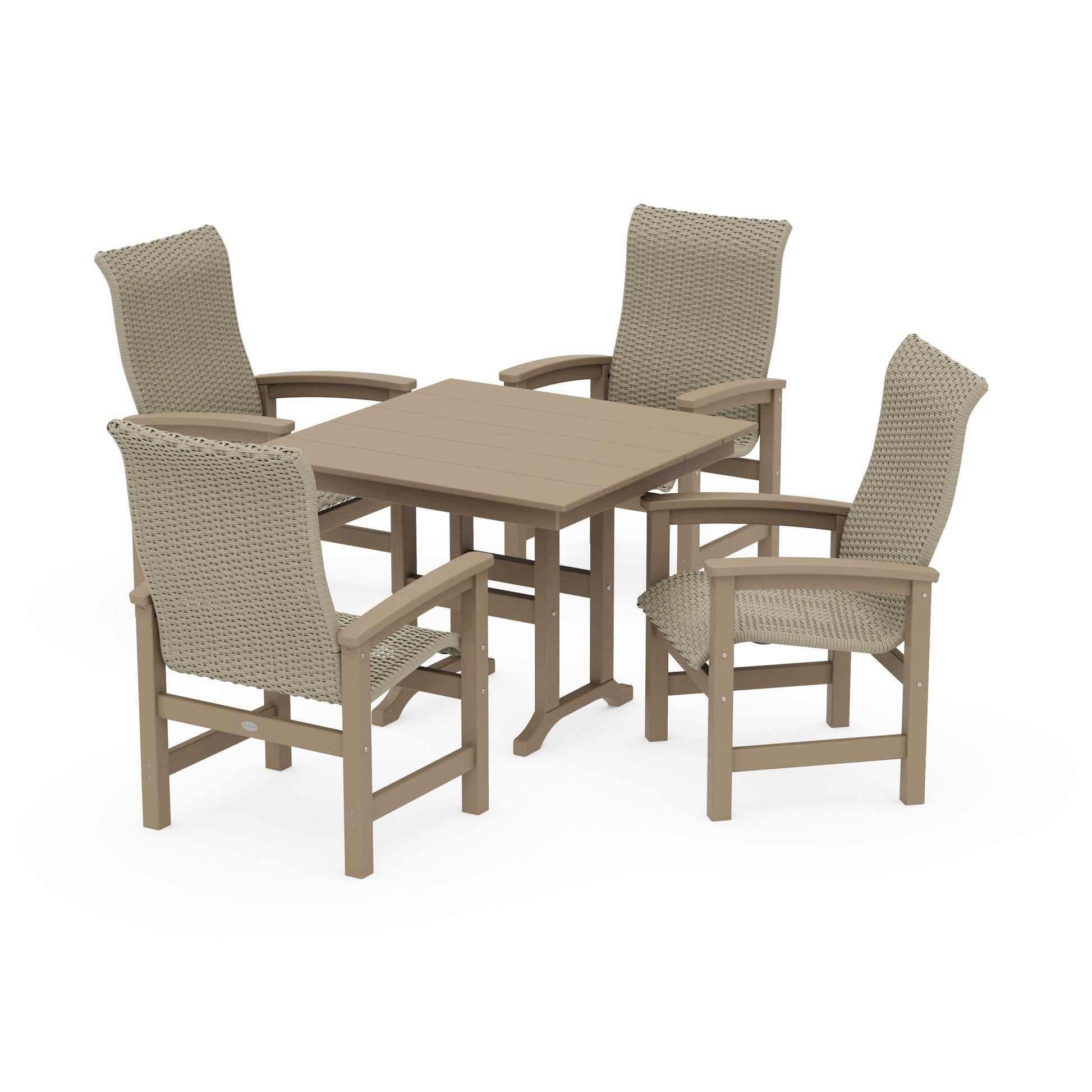 POLYWOOD Coastal Woven High-Back 5-Piece Farmhouse Dining Set — Vintage Sahara / Dune Grass