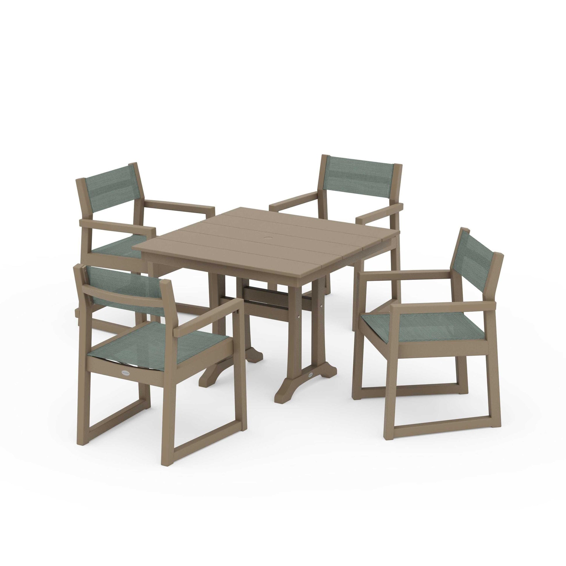 POLYWOOD EDGE Sling 5-Piece Farmhouse Dining Set with Trestle Legs — Vintage Sahara / Dupioni Sea Mist Sling
