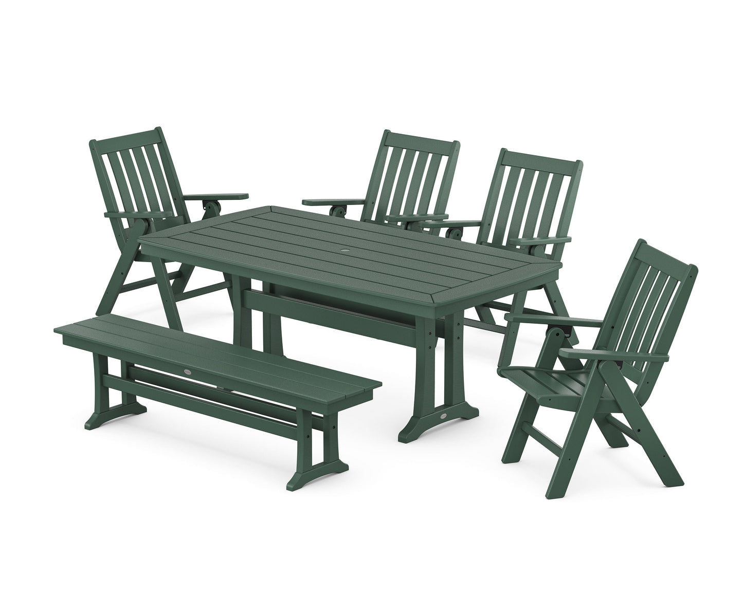 POLYWOOD Vineyard Folding Chair 6-Piece Dining Set with Trestle Legs and Bench — Green