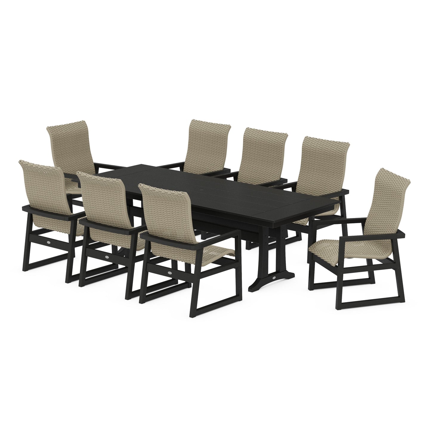 POLYWOOD EDGE Woven Highback 9-Piece Farmhouse Dining Set with Trestle Legs — Black / Dune Grass
