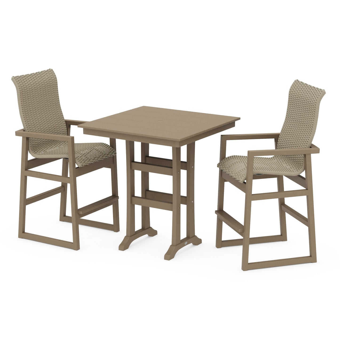 POLYWOOD EDGE Woven Highback 3-Piece Farmhouse Bar Set with Trestle Legs — Vintage Sahara / Dune Grass