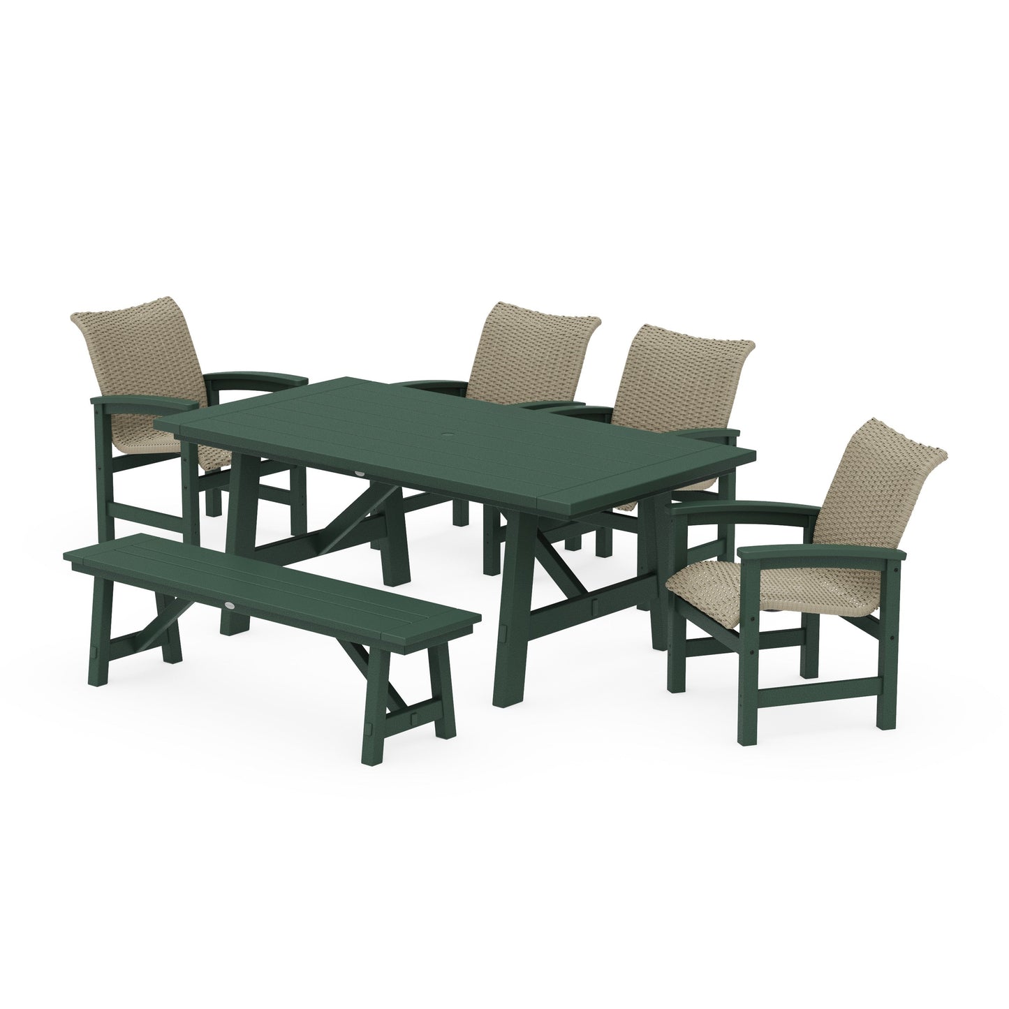 POLYWOOD Coastal Woven 6-Piece Rustic Farmhouse Dining Set with Bench — Green / Dune Grass