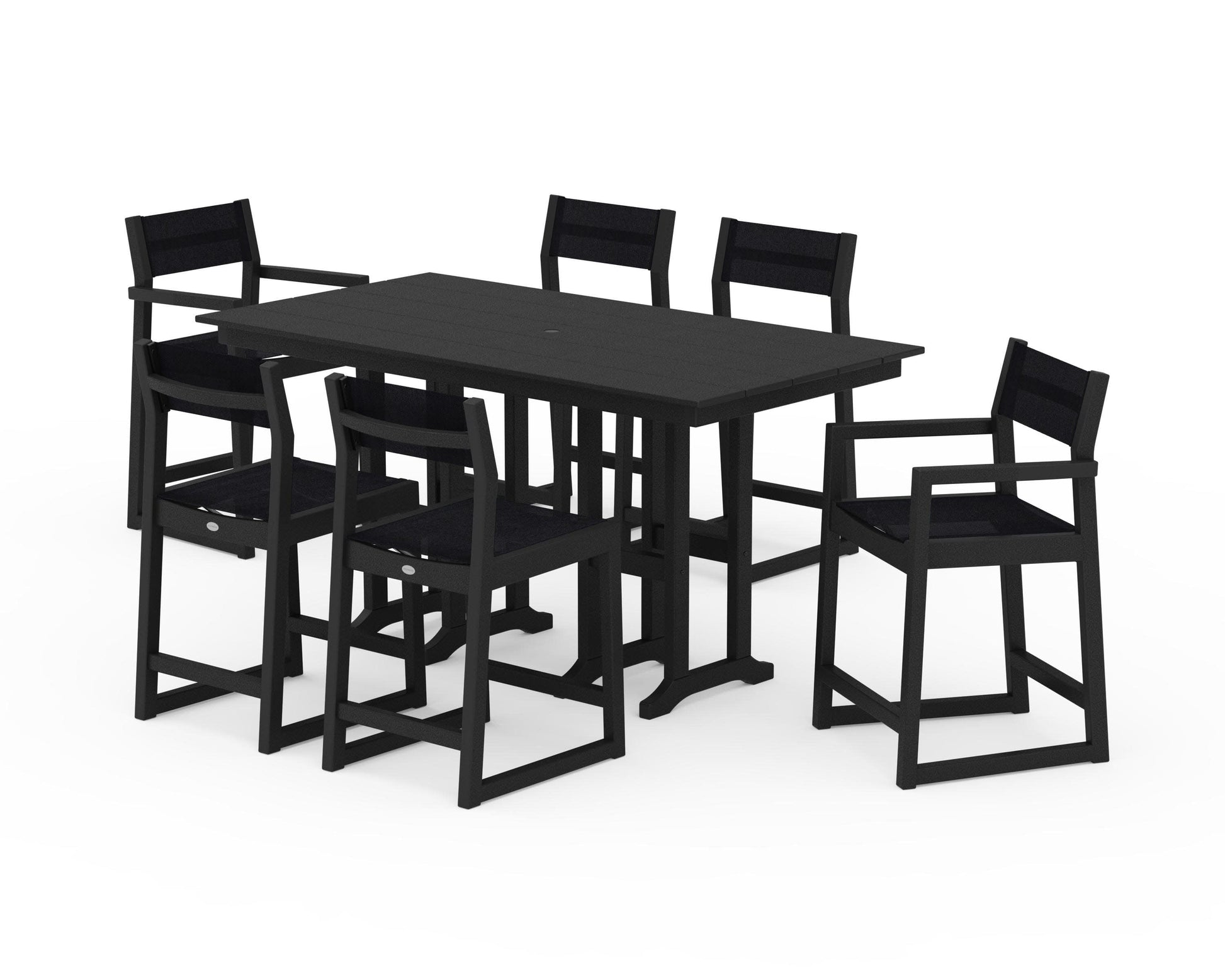 POLYWOOD EDGE Sling 7-Piece Farmhouse Counter Set with Trestle Legs — Black / Black Sling