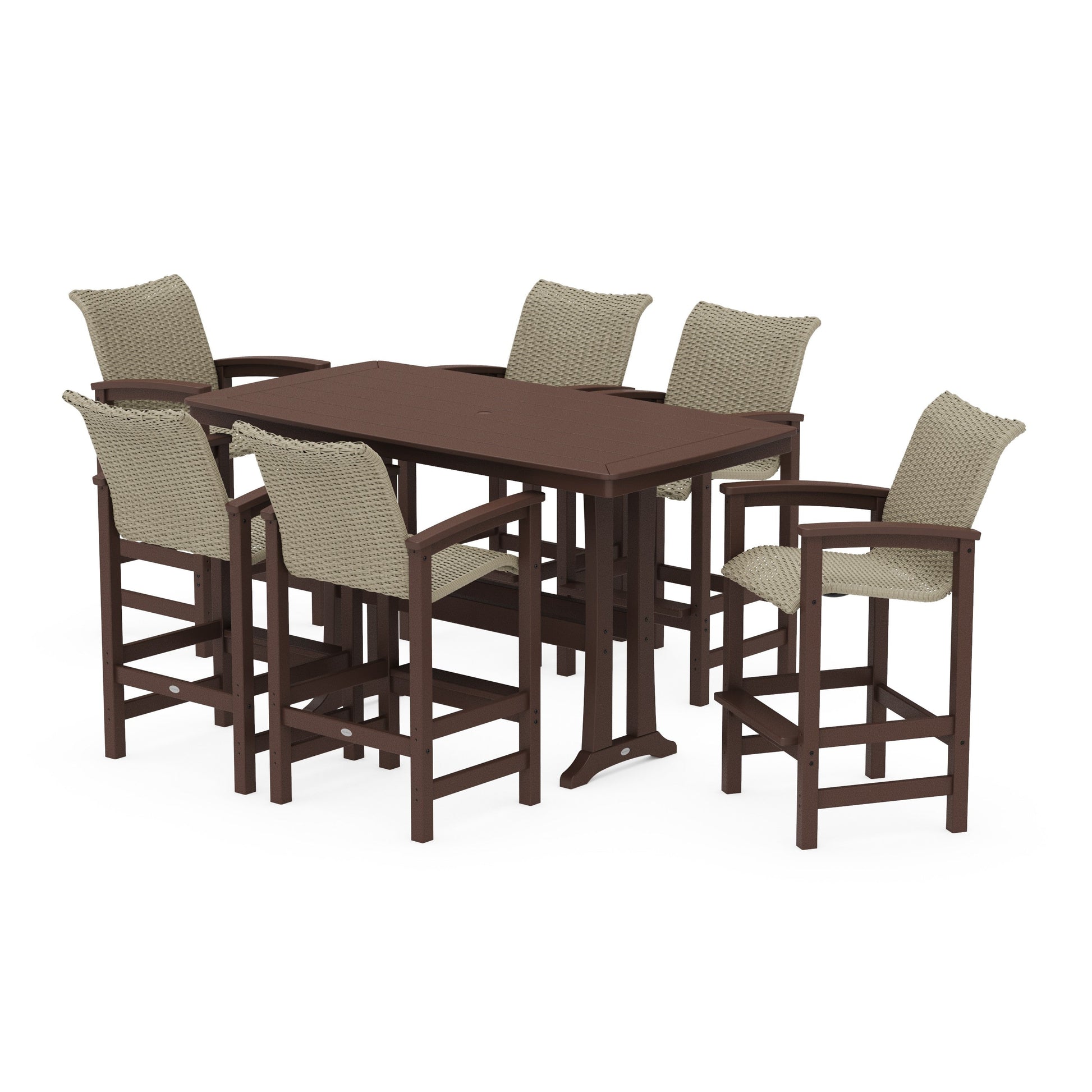POLYWOOD Coastal Woven Arm Chair 7-Piece Bar Set with Trestle Legs — Mahogany / Dune Grass