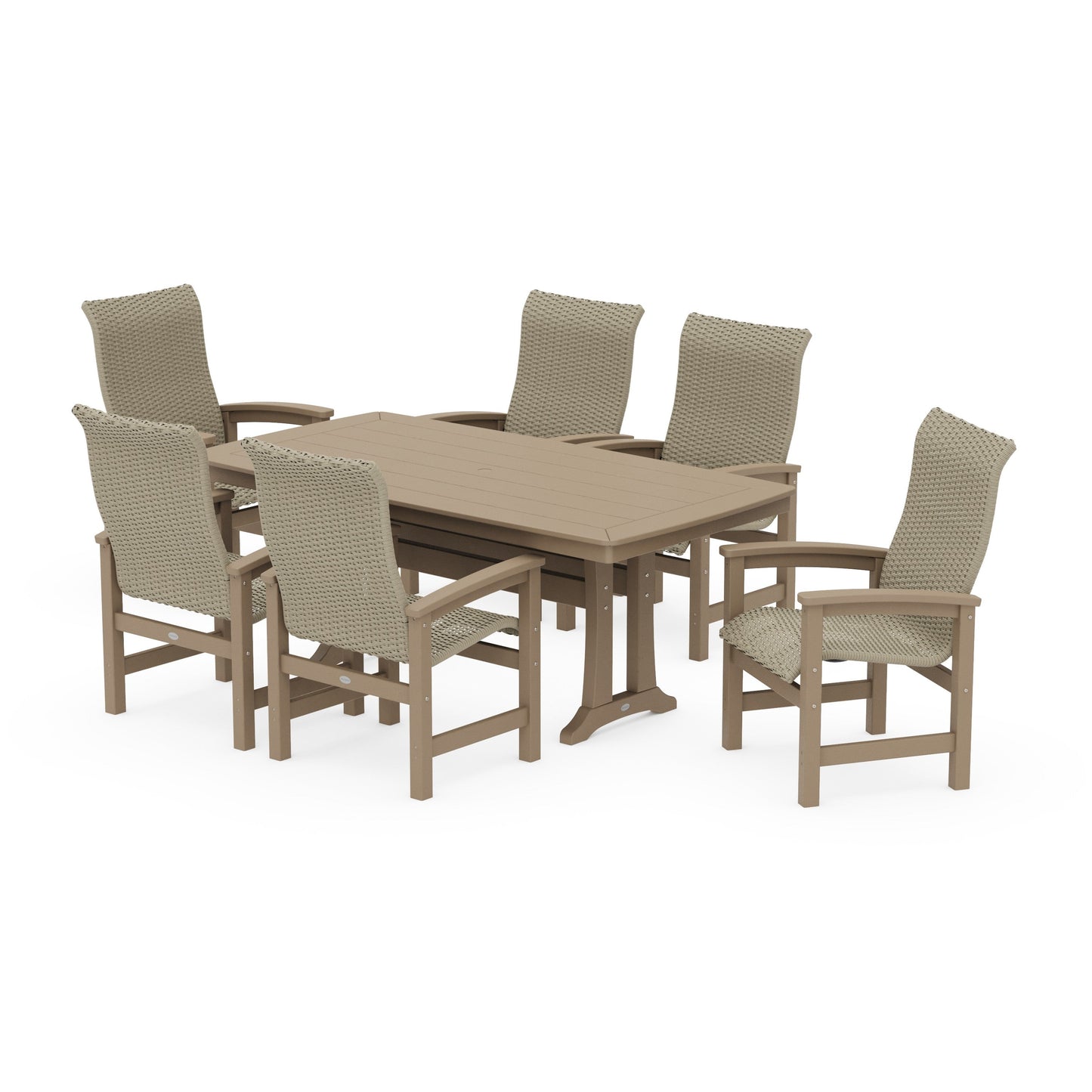 POLYWOOD Coastal Woven High-Back Arm Chair 7-Piece Dining Set with Trestle Legs — Vintage Sahara / Dune Grass