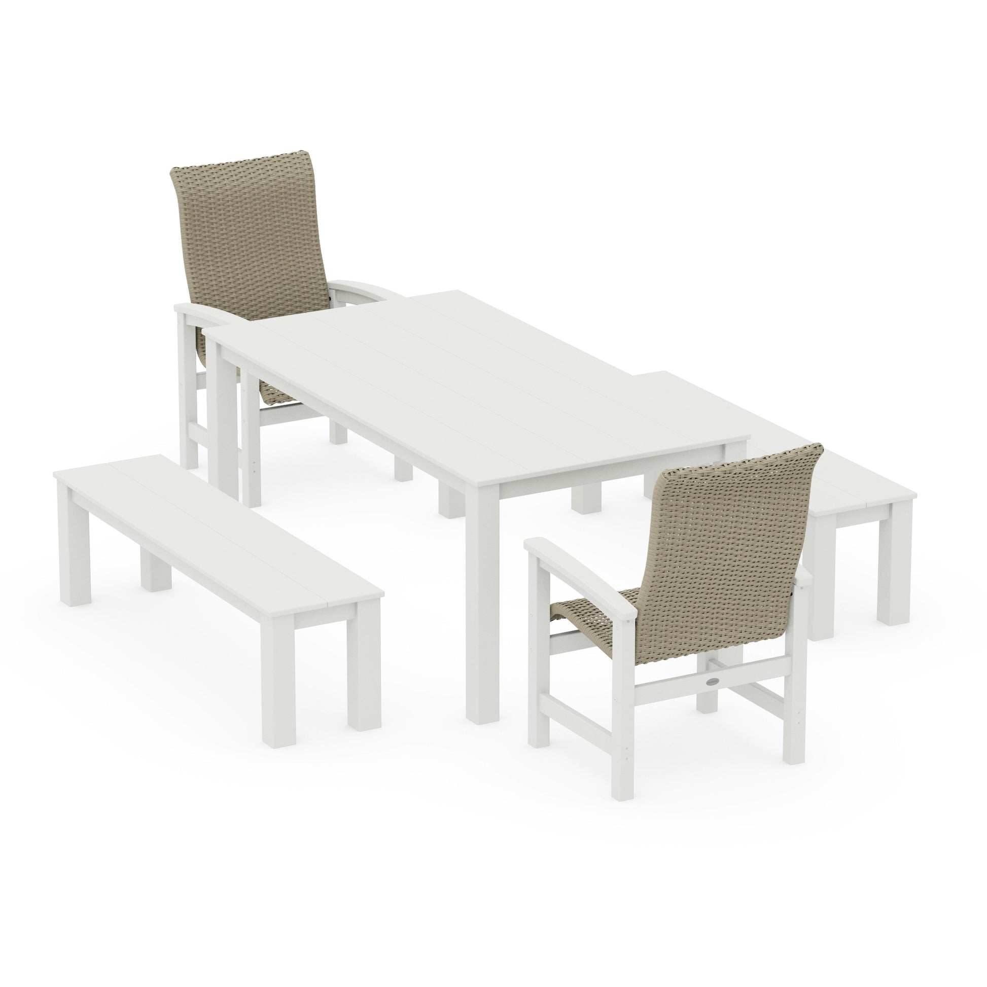 POLYWOOD Coastal Woven High-Back 5-Piece Parsons Dining Set with Benches — White / Dune Grass