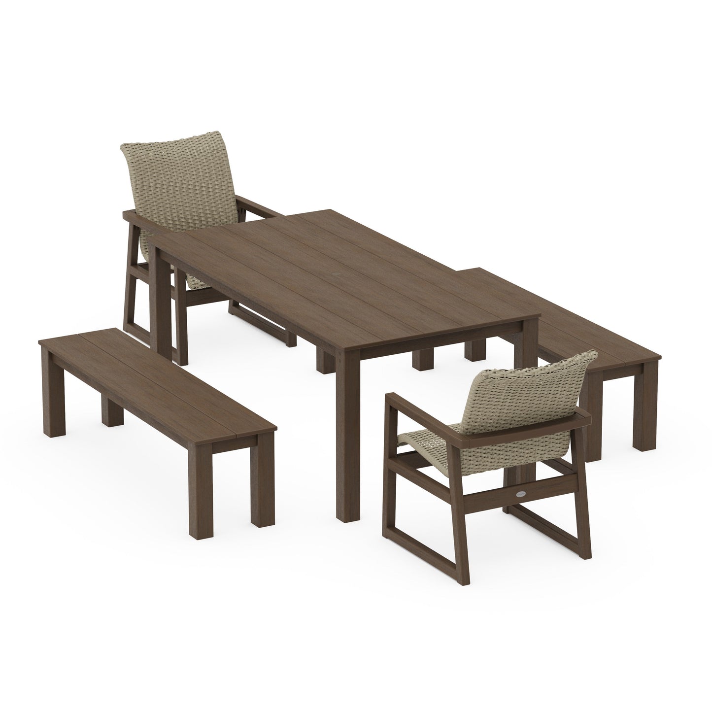 POLYWOOD EDGE Woven 5-Piece Parsons Dining Set with Benches — Kona / Dune Grass