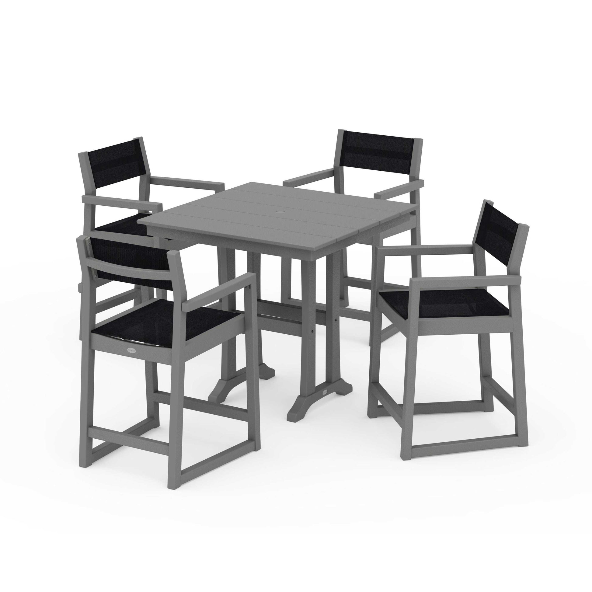 POLYWOOD EDGE Sling Arm Chair 5-Piece Farmhouse Counter Set with Trestle Legs — Slate Grey / Black Sling