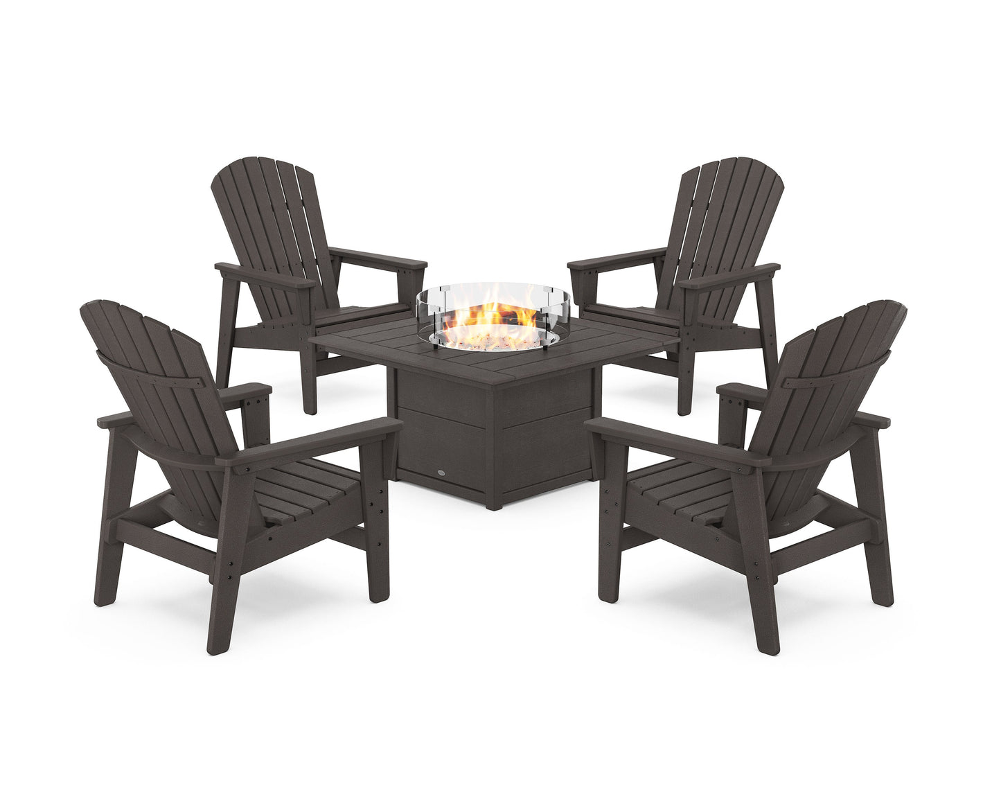 POLYWOOD 5-Piece Nautical Grand Upright Adirondack Conversation Set with Fire Pit Table — Vintage Coffee