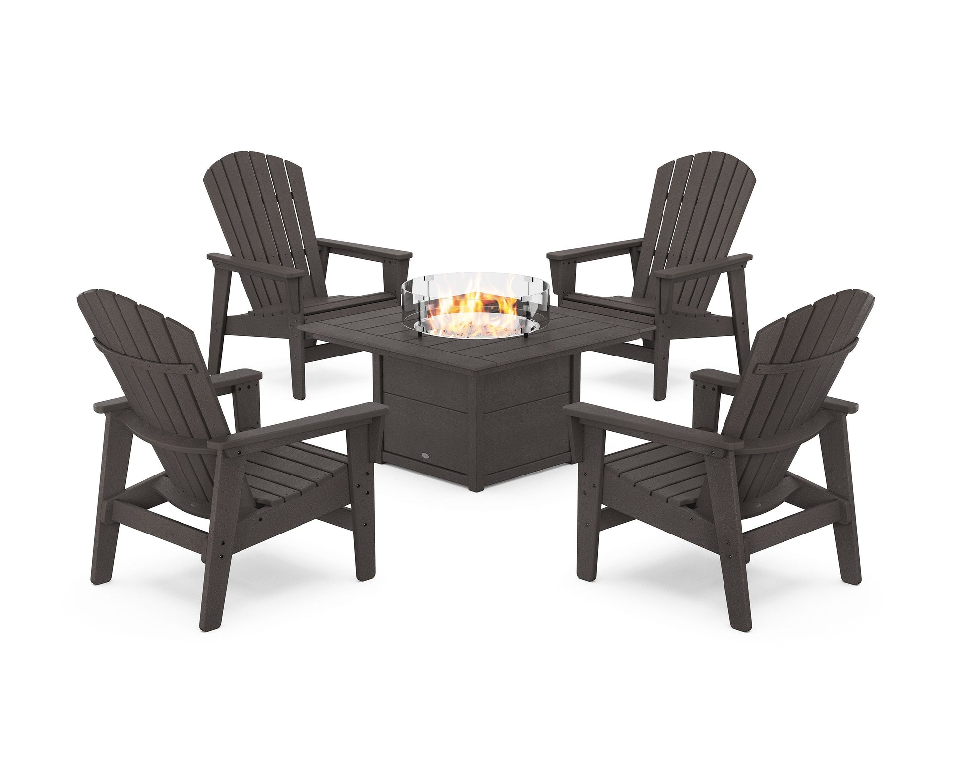 POLYWOOD 5-Piece Nautical Grand Upright Adirondack Conversation Set with Fire Pit Table — Vintage Coffee