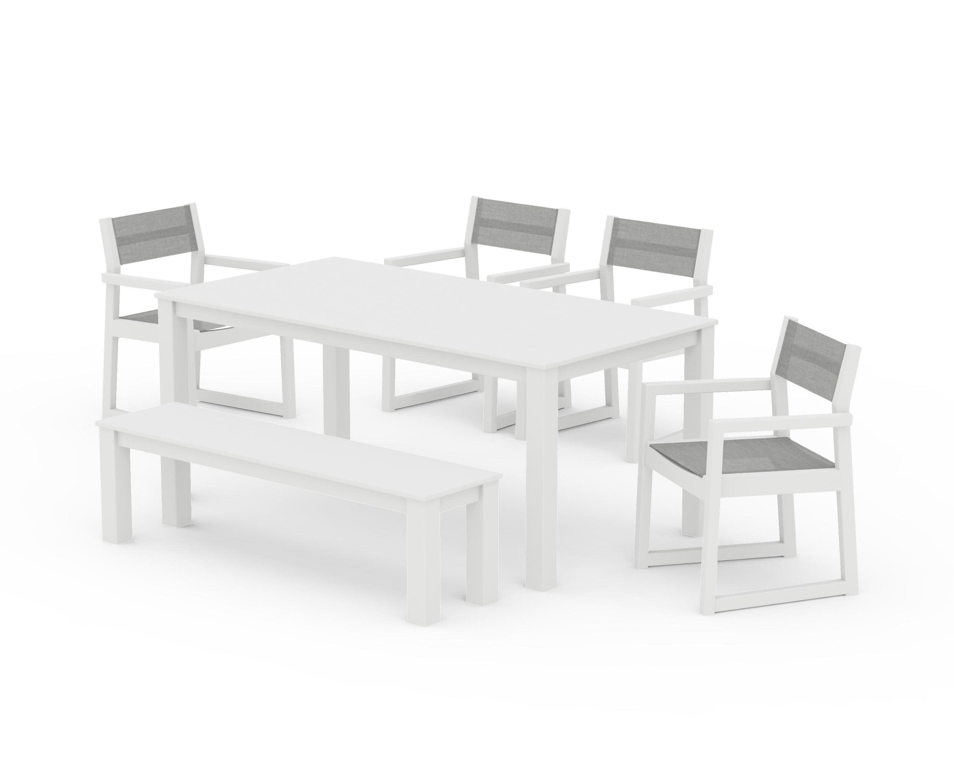 POLYWOOD EDGE Sling Arm Chair 6-Piece Parsons Dining Set with Bench — White / Metallic Sling