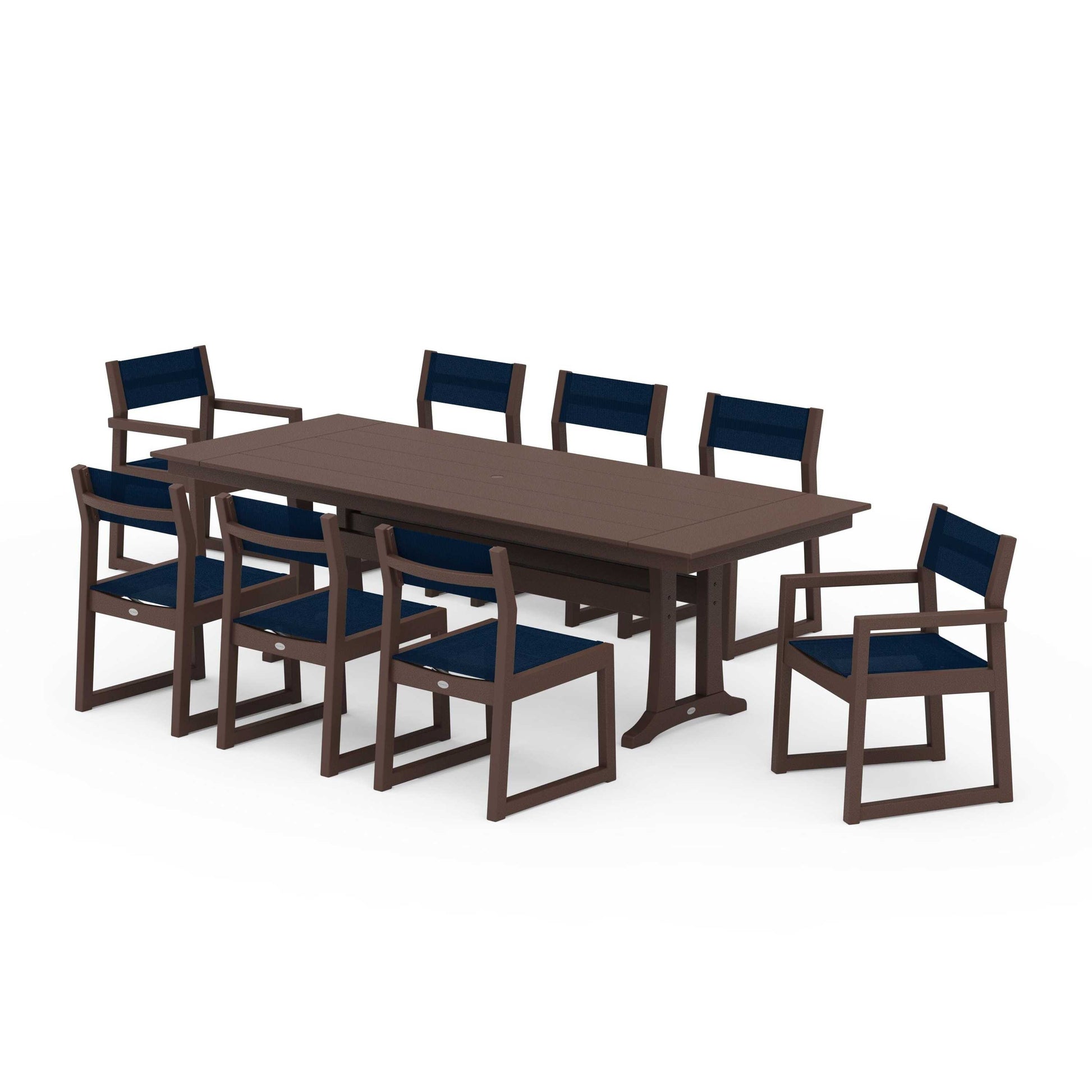 POLYWOOD EDGE Sling 9-Piece Farmhouse Trestle Dining Set — Mahogany / Navy Blue Sling