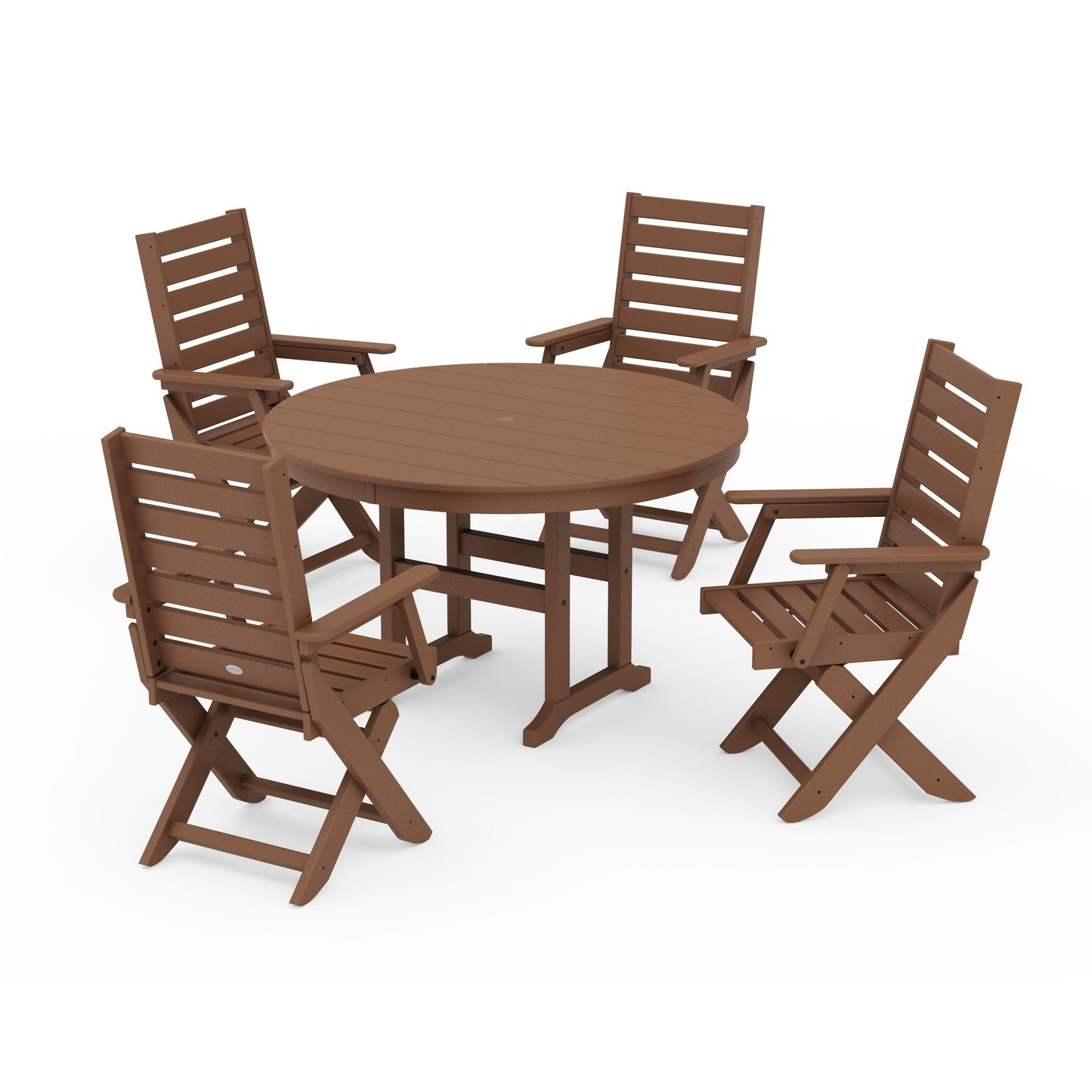POLYWOOD Captain Folding Chair 5-Piece Round Dining Set — Teak
