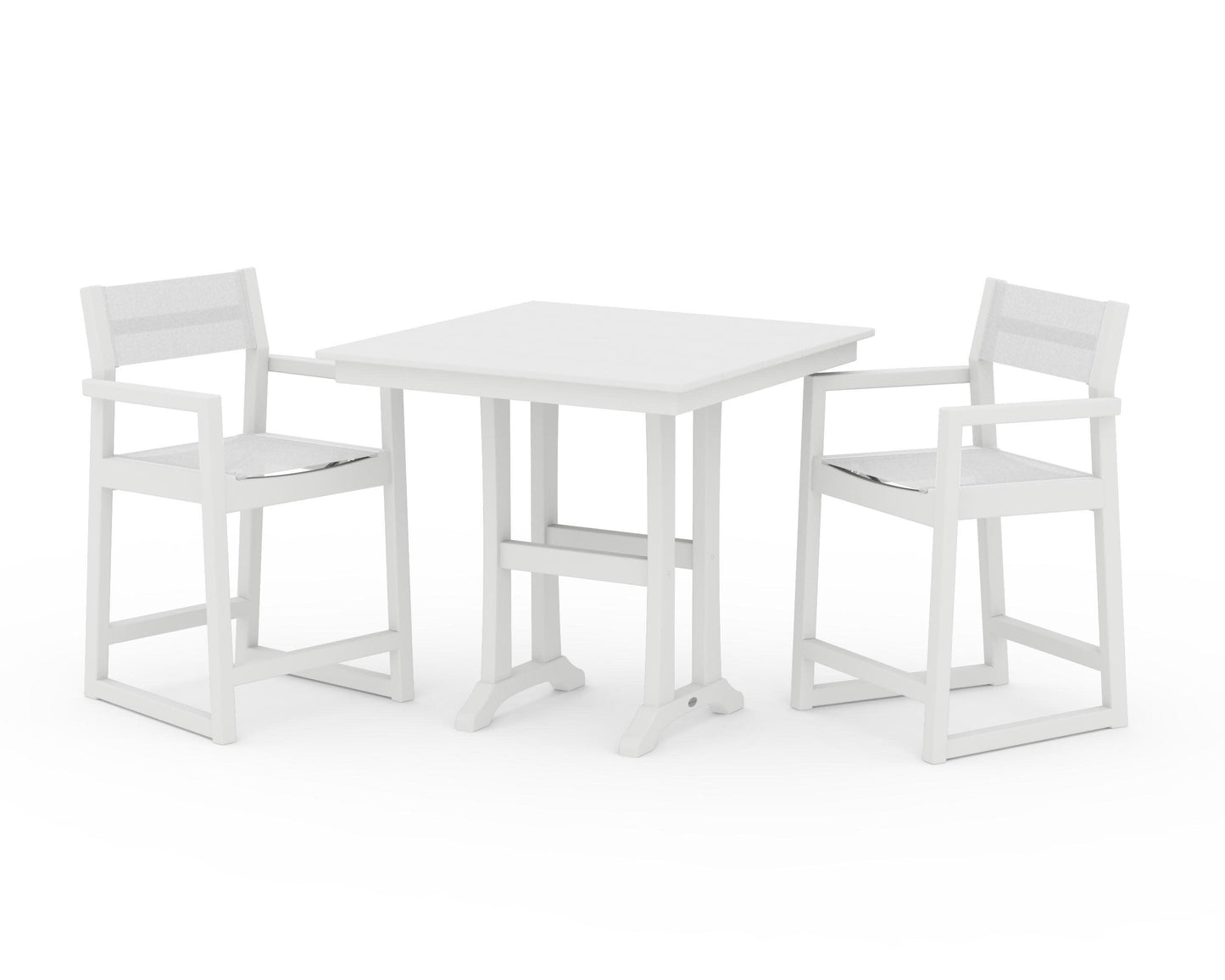 POLYWOOD EDGE Sling Arm Chair 3-Piece Farmhouse Counter Set with Trestle Legs — White / White Sling