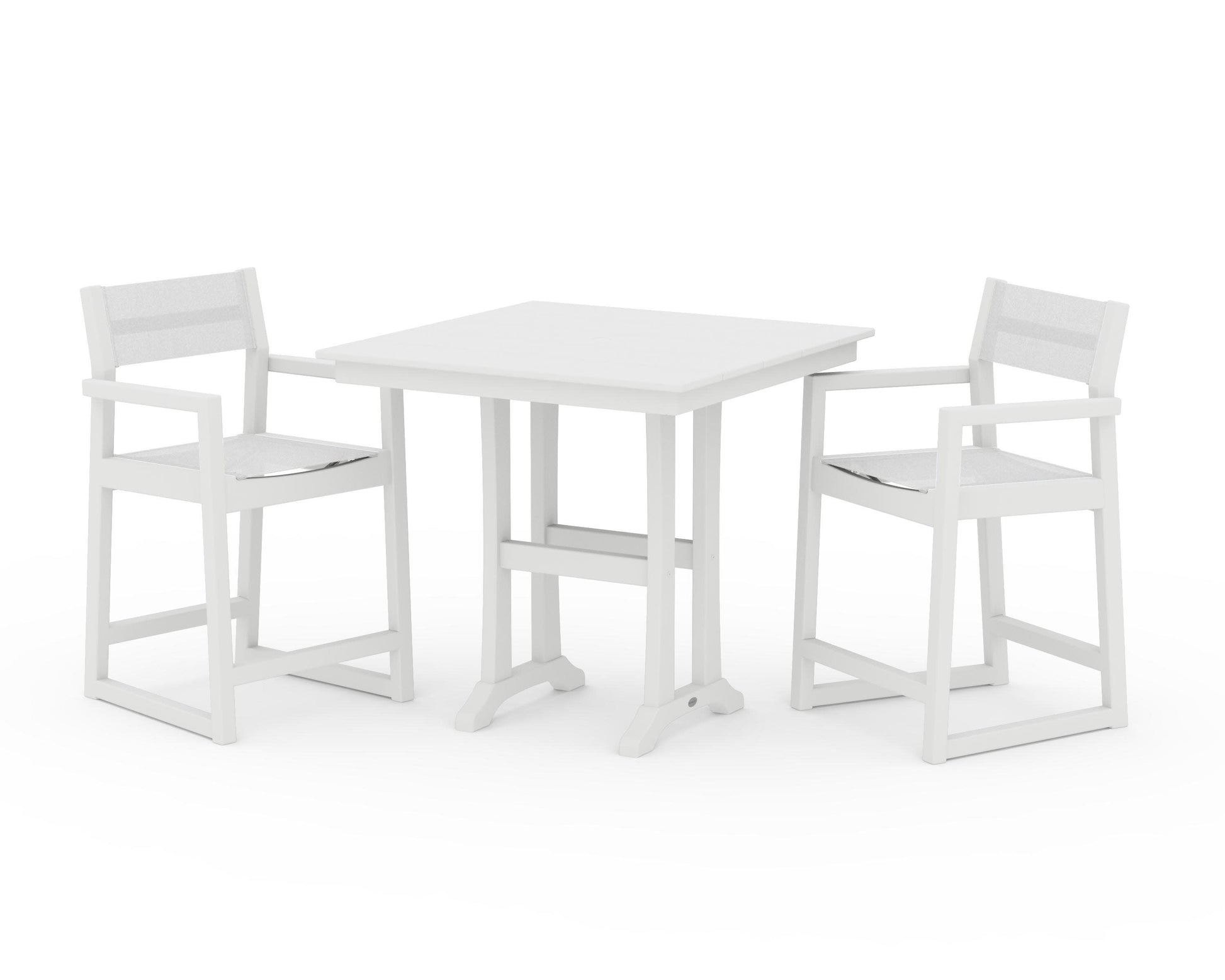 POLYWOOD EDGE Sling Arm Chair 3-Piece Farmhouse Counter Set with Trestle Legs — White / White Sling