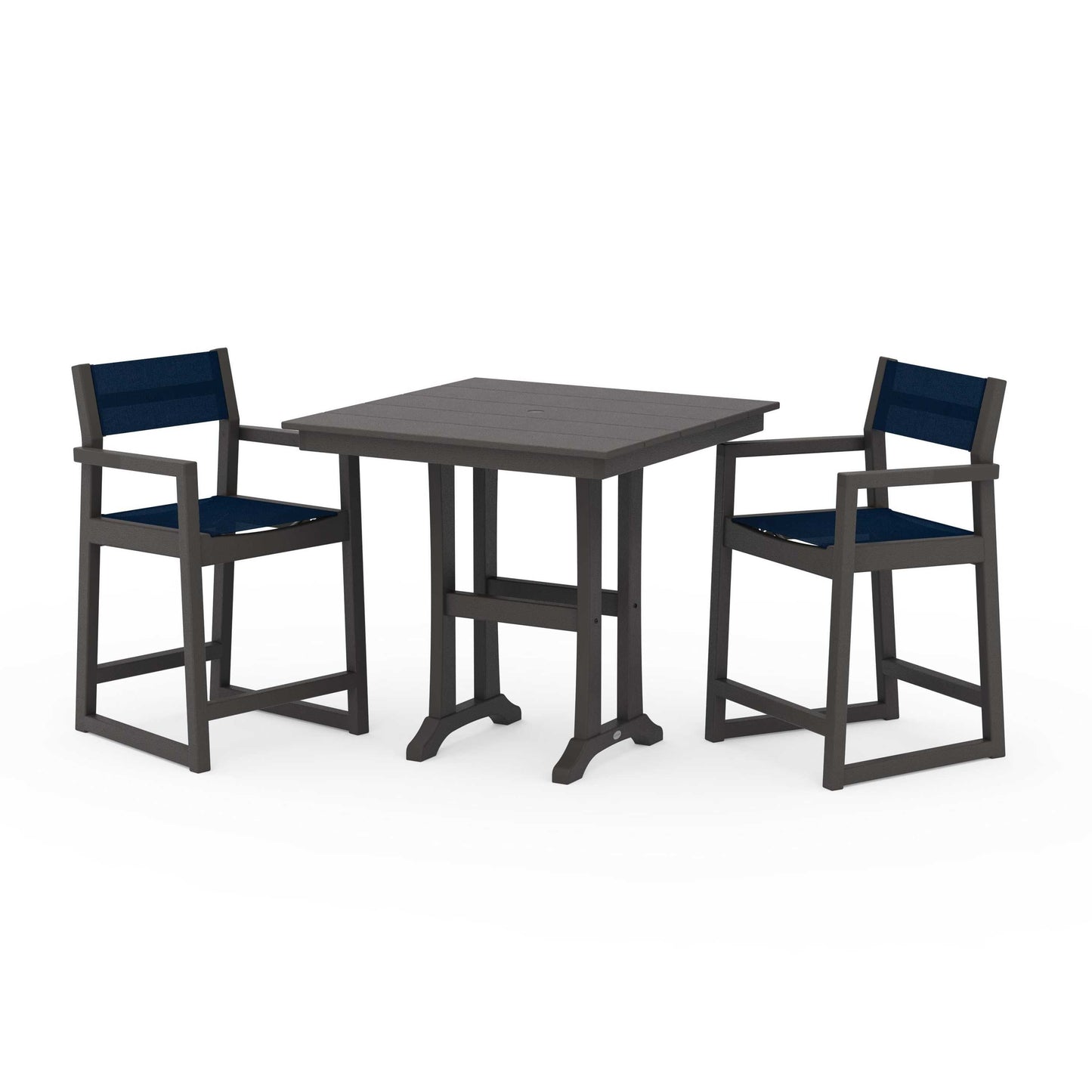 POLYWOOD EDGE Sling Arm Chair 3-Piece Farmhouse Counter Set with Trestle Legs — Vintage Coffee / Navy Blue Sling