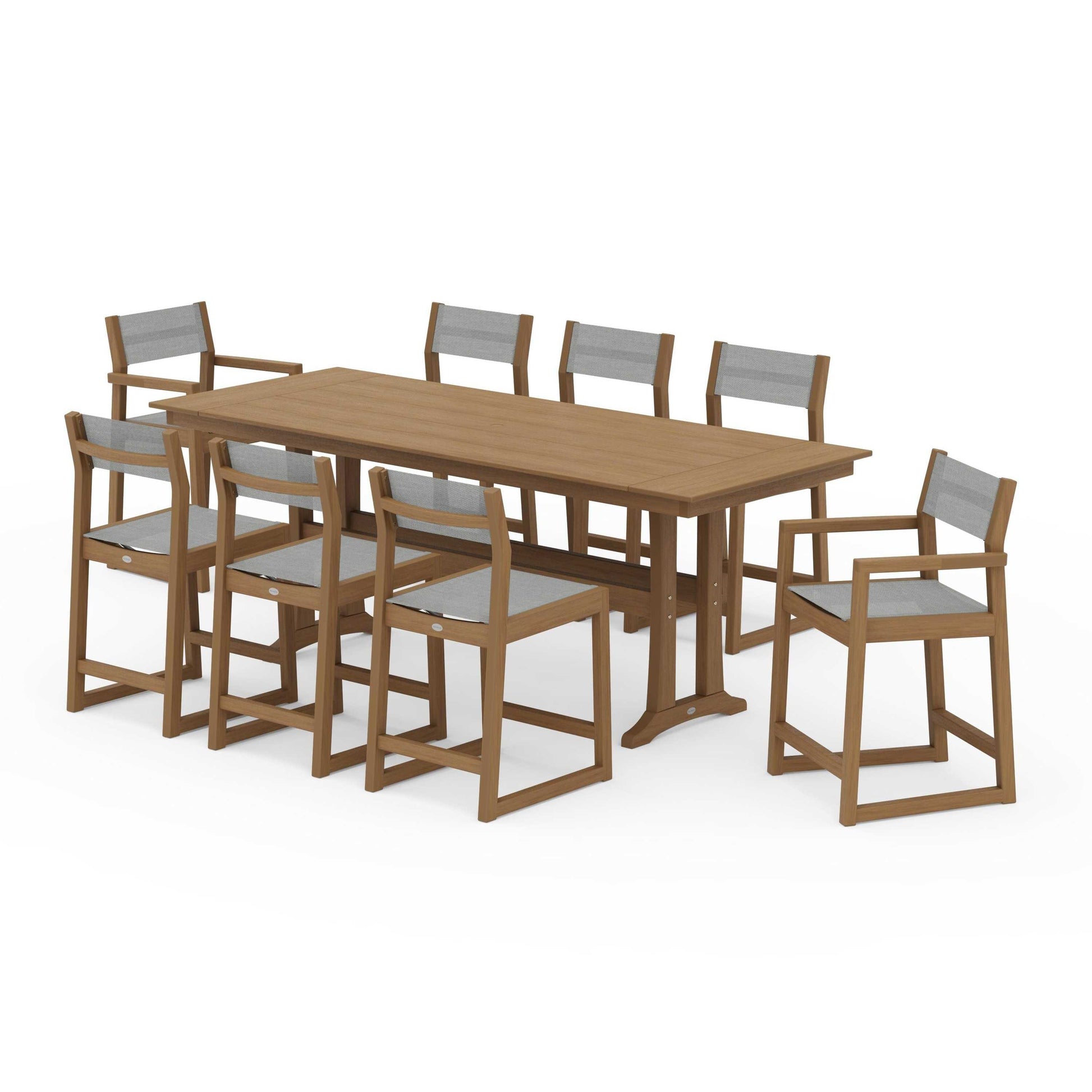 POLYWOOD EDGE Sling 9-Piece Farmhouse Counter Set with Trestle Legs — Natural / Metallic Sling
