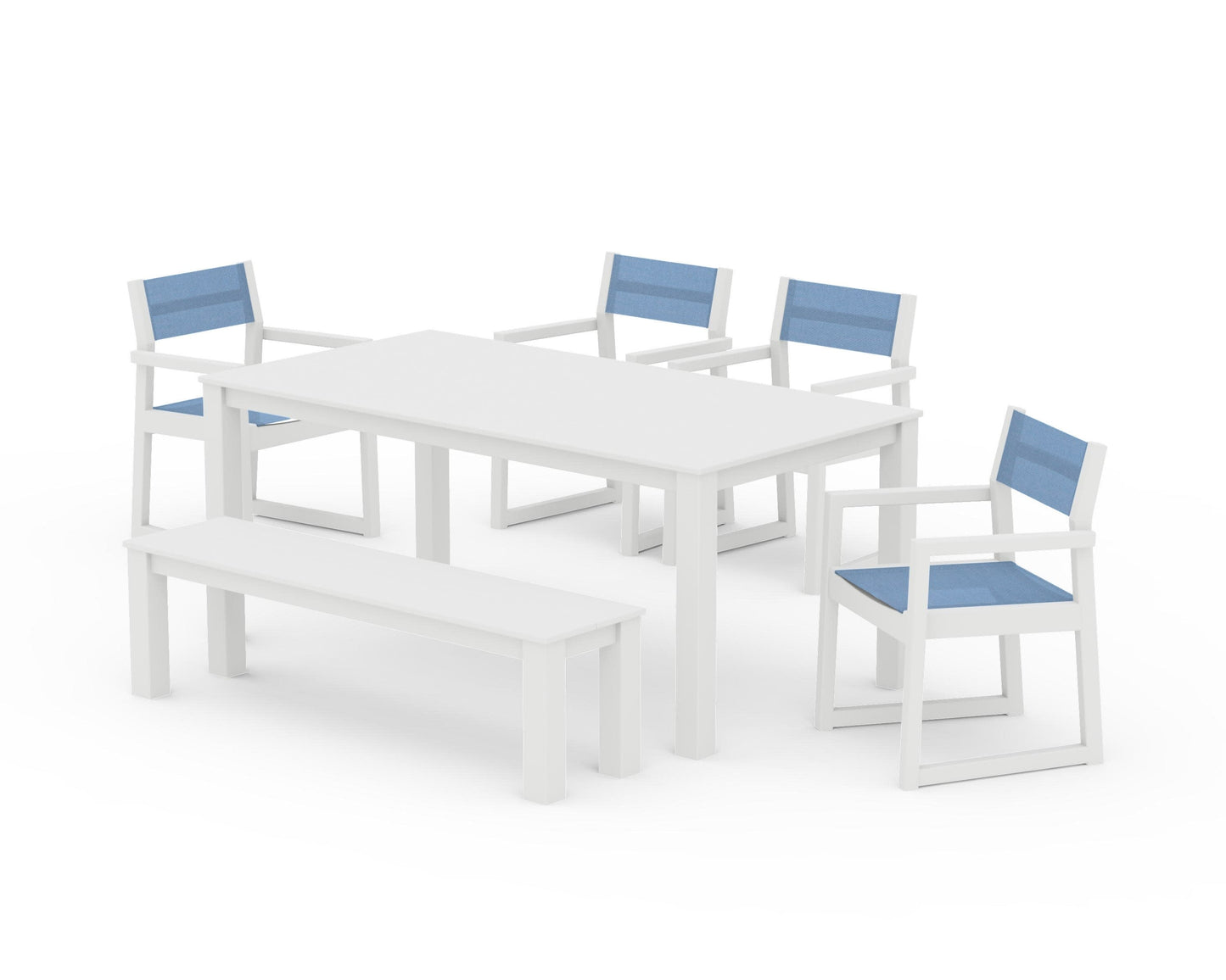 POLYWOOD EDGE Sling Arm Chair 6-Piece Parsons Dining Set with Bench — White / Poolside Sling