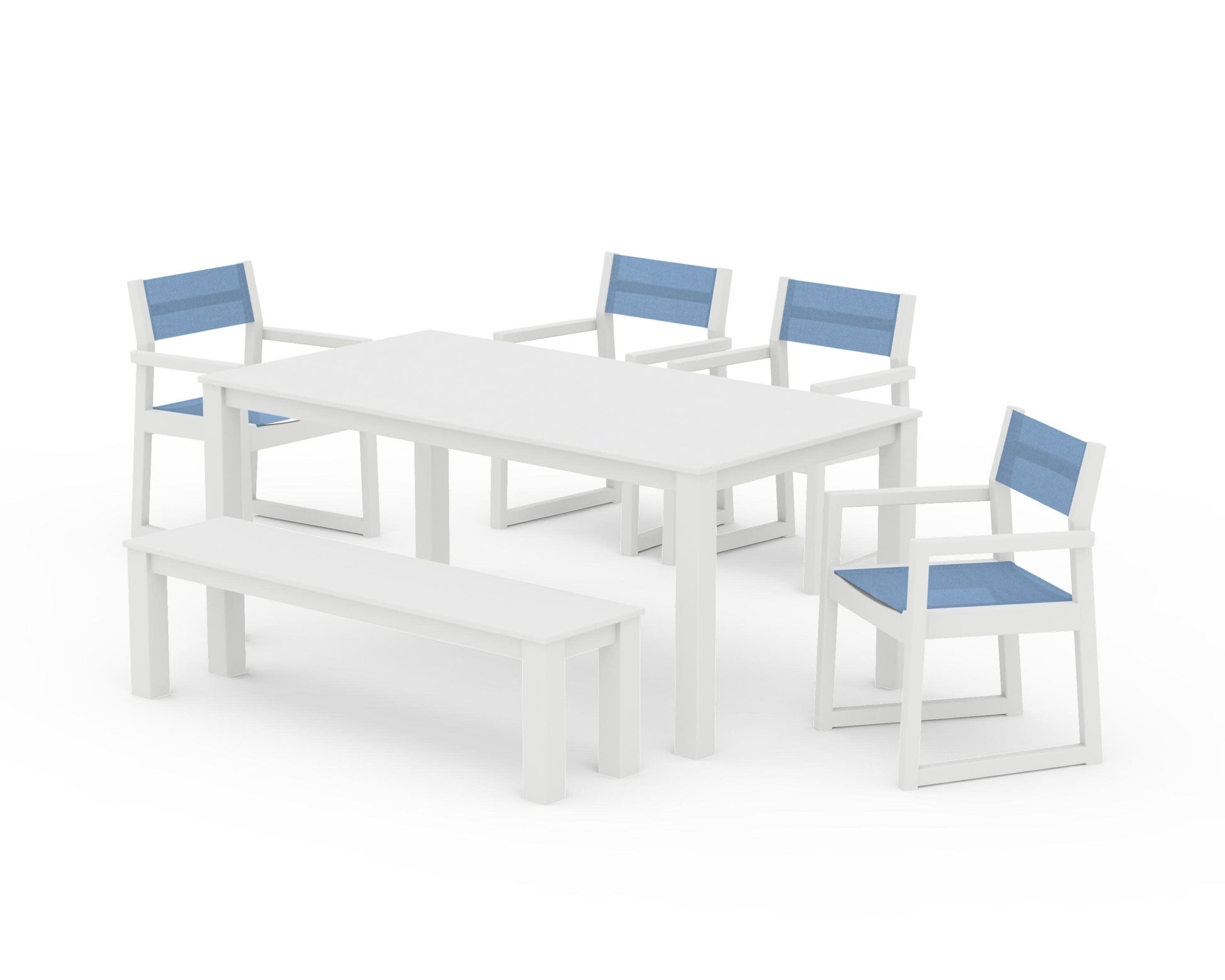 POLYWOOD EDGE Sling Arm Chair 6-Piece Parsons Dining Set with Bench — White / Poolside Sling