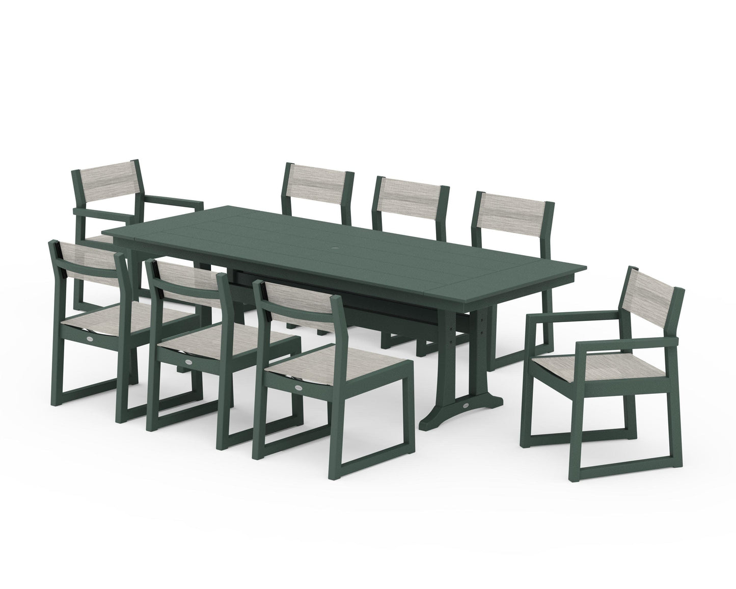 POLYWOOD EDGE Sling 9-Piece Farmhouse Trestle Dining Set — Green / Birch Sling