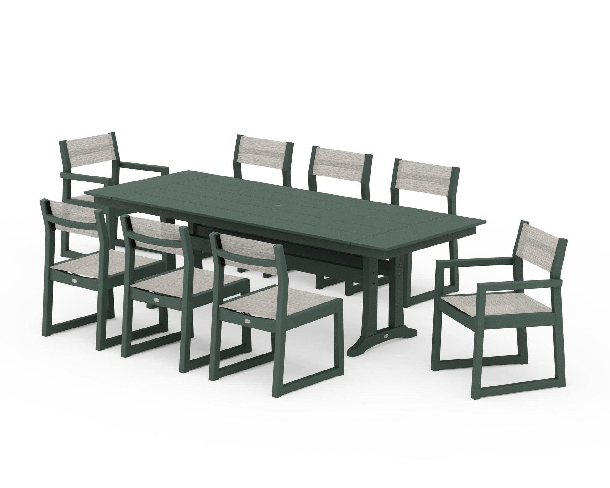 POLYWOOD EDGE Sling 9-Piece Farmhouse Trestle Dining Set — Green / Birch Sling
