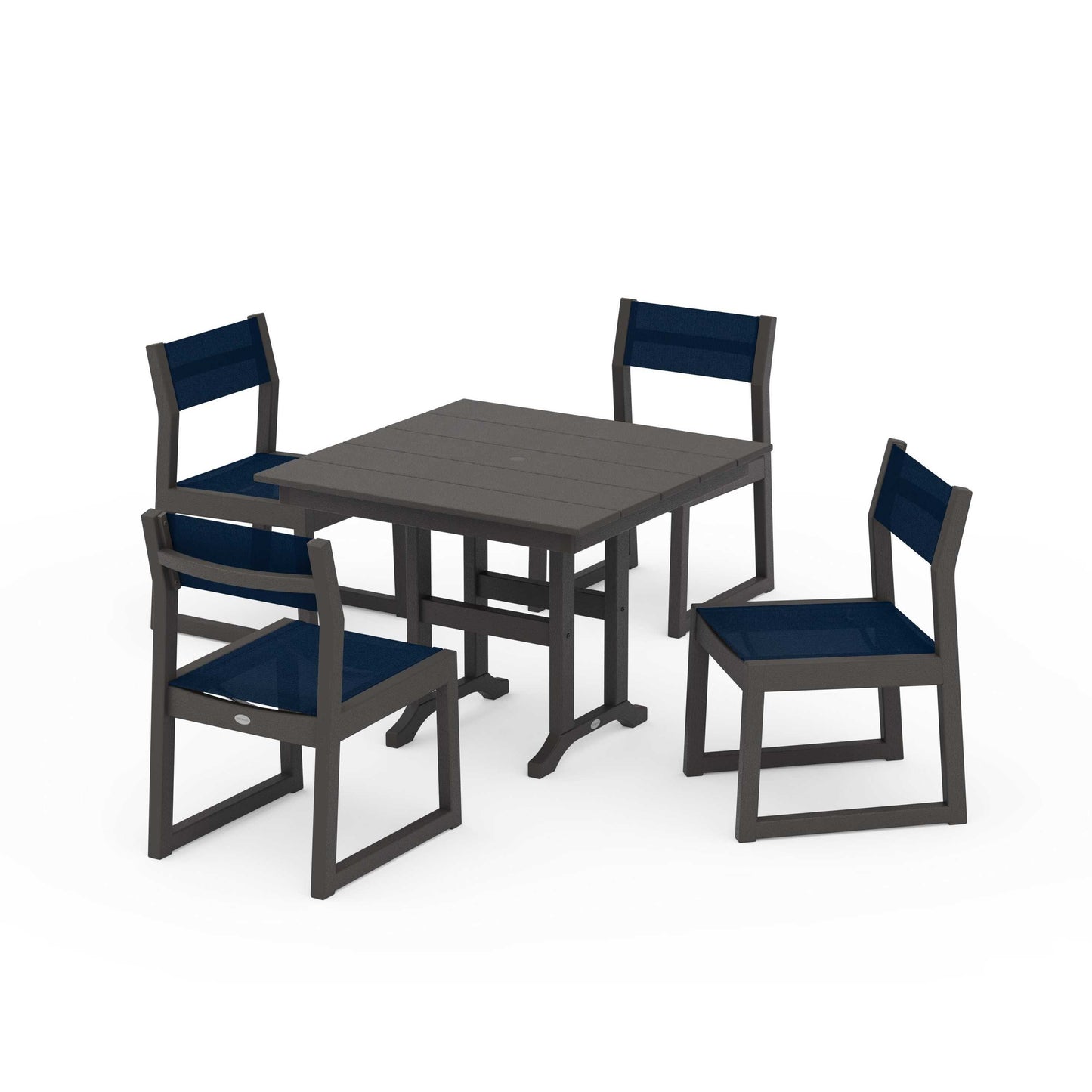 POLYWOOD EDGE Sling Side Chair 5-Piece Farmhouse Dining Set — Vintage Coffee / Navy Blue Sling