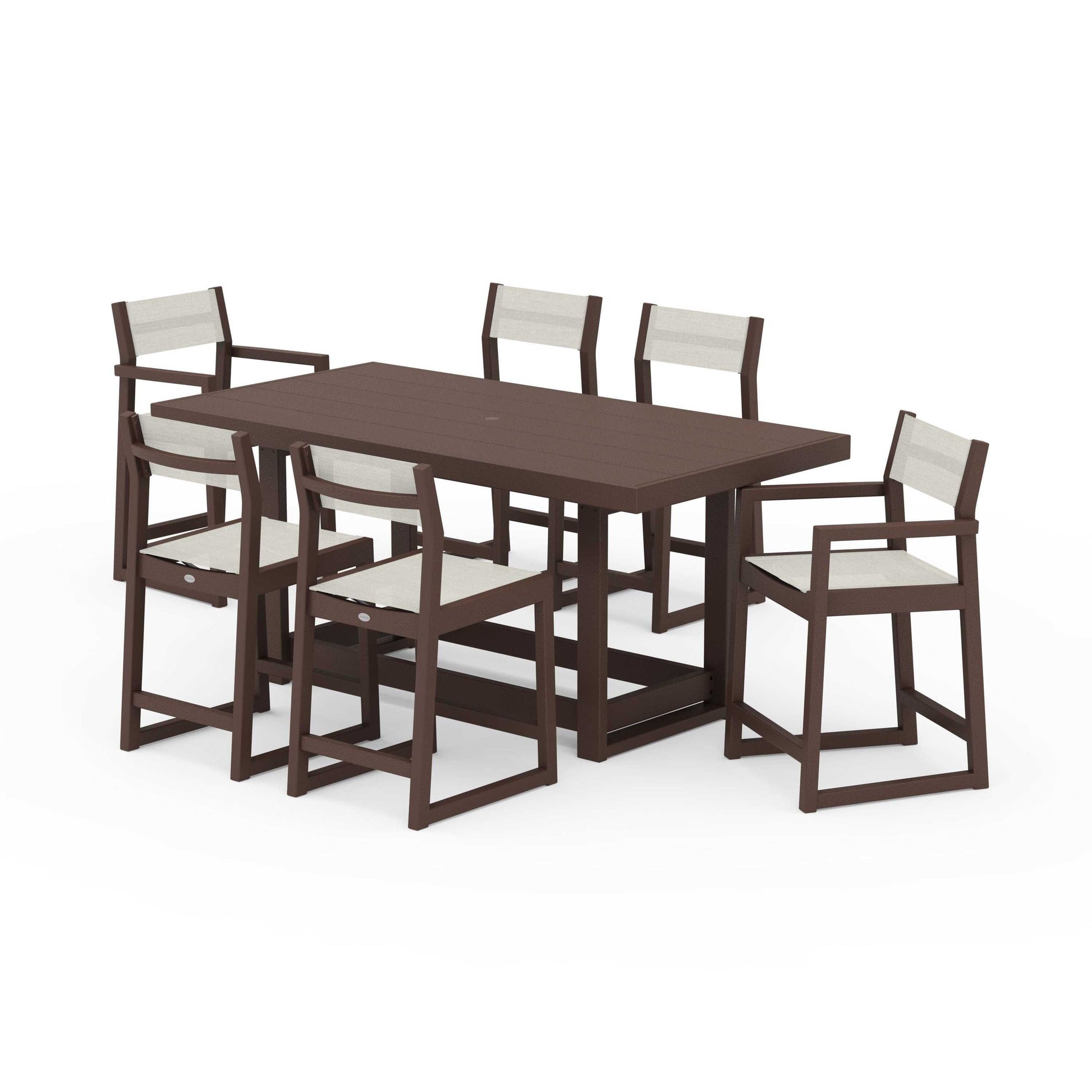 POLYWOOD EDGE Sling 7-Piece Counter Table Set — Mahogany / Parchment Sling