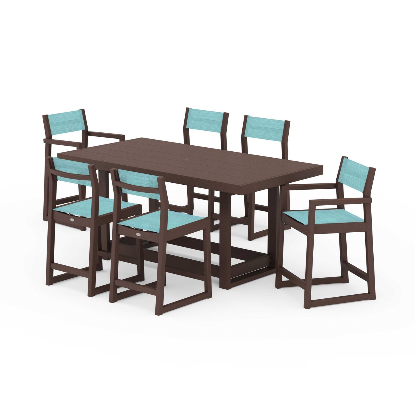 POLYWOOD EDGE Sling 7-Piece Counter Table Set — Mahogany / Dupioni Aquamarine Sling