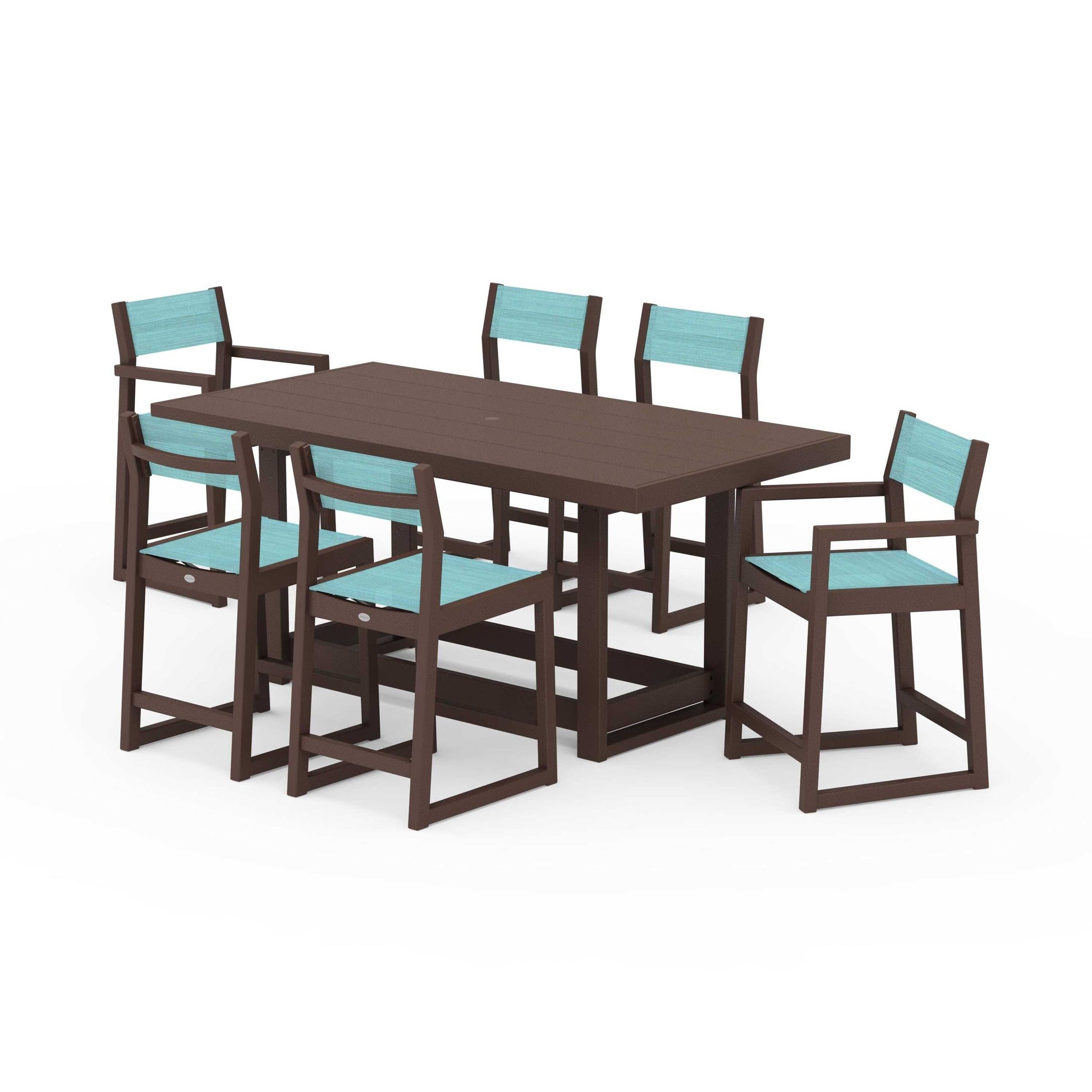 POLYWOOD EDGE Sling 7-Piece Counter Table Set — Mahogany / Dupioni Aquamarine Sling