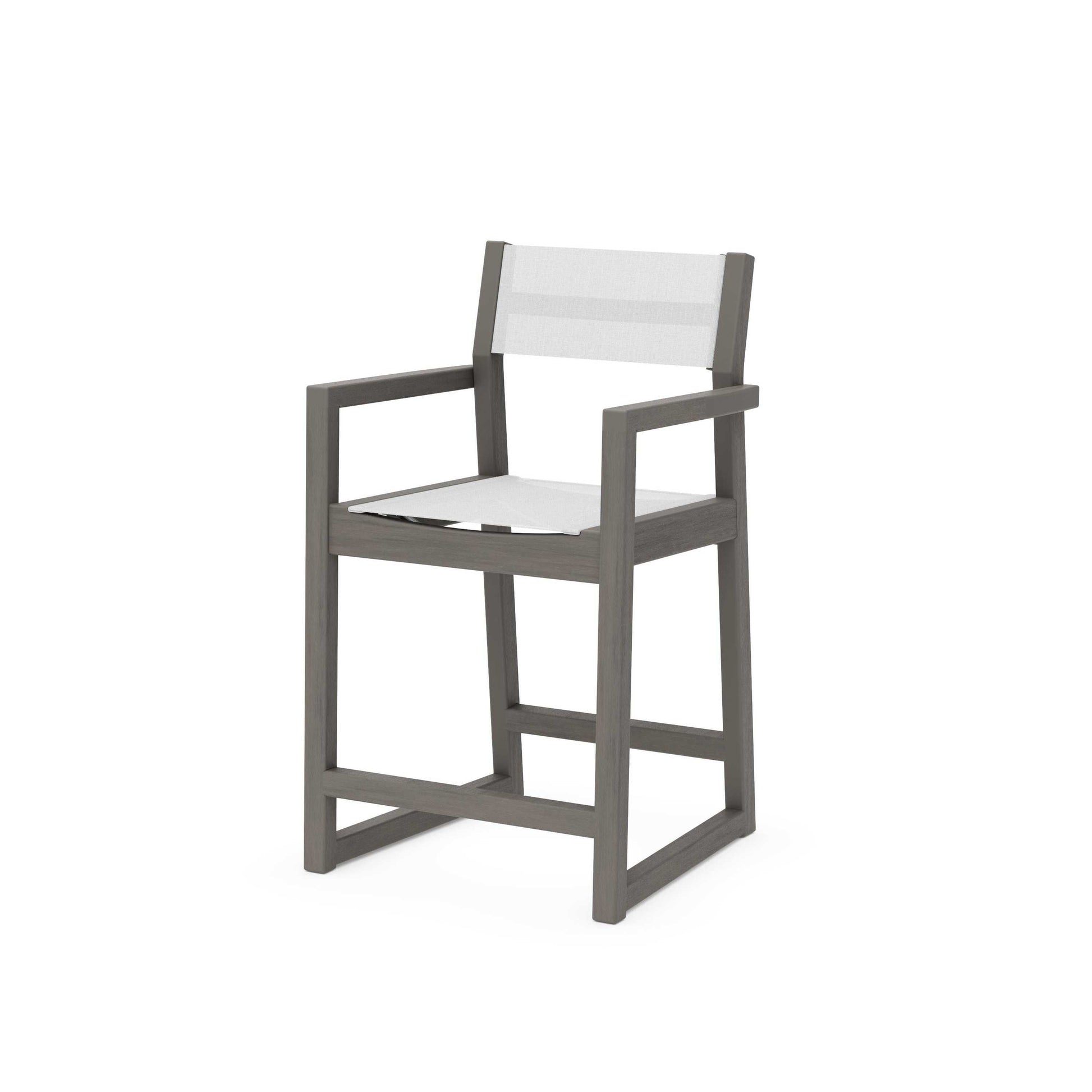 POLYWOOD EDGE Sling Counter Arm Chair — Driftwood / White Sling