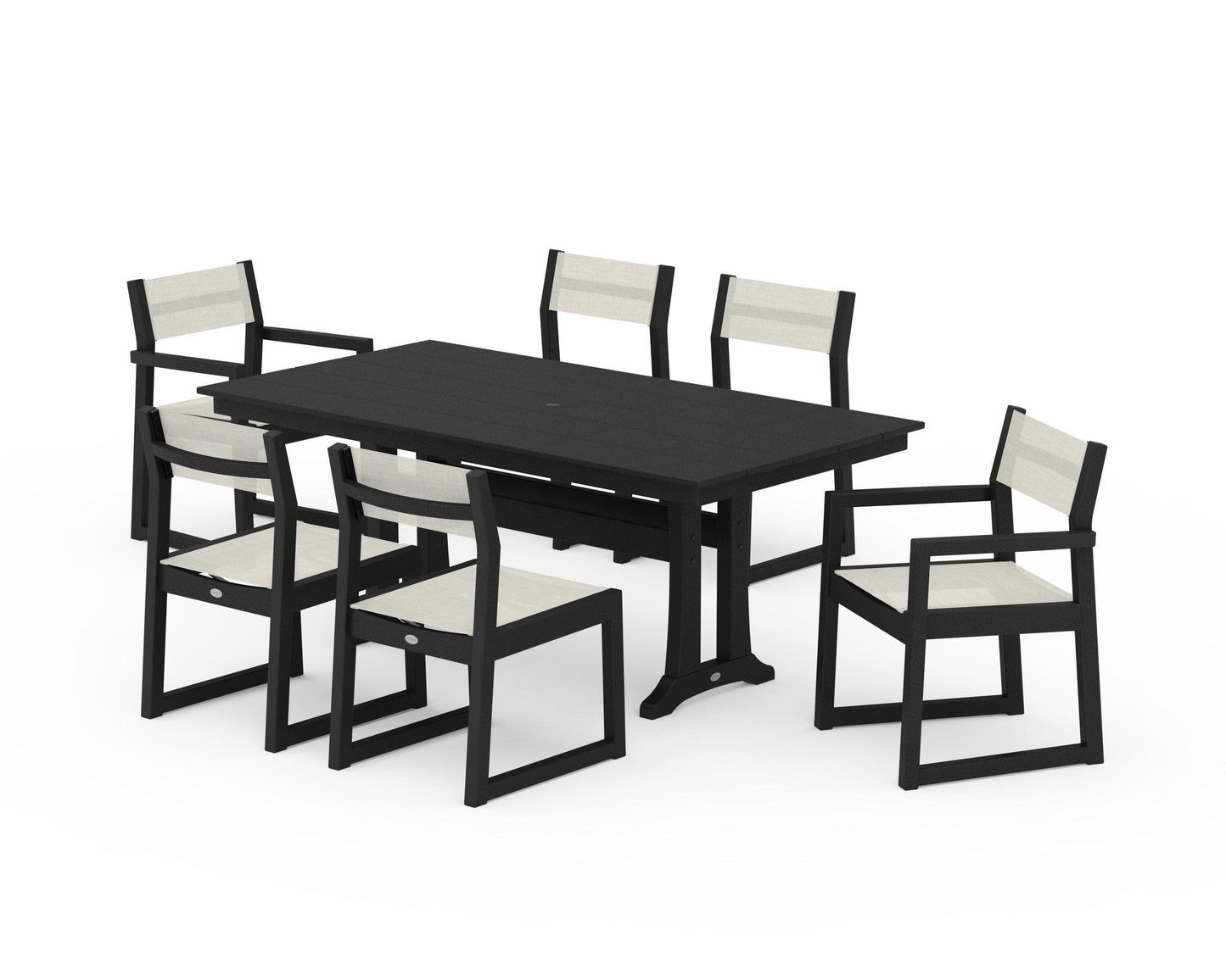 POLYWOOD EDGE Sling 7-Piece Farmhouse Trestle Dining Set — Black / Parchment Sling