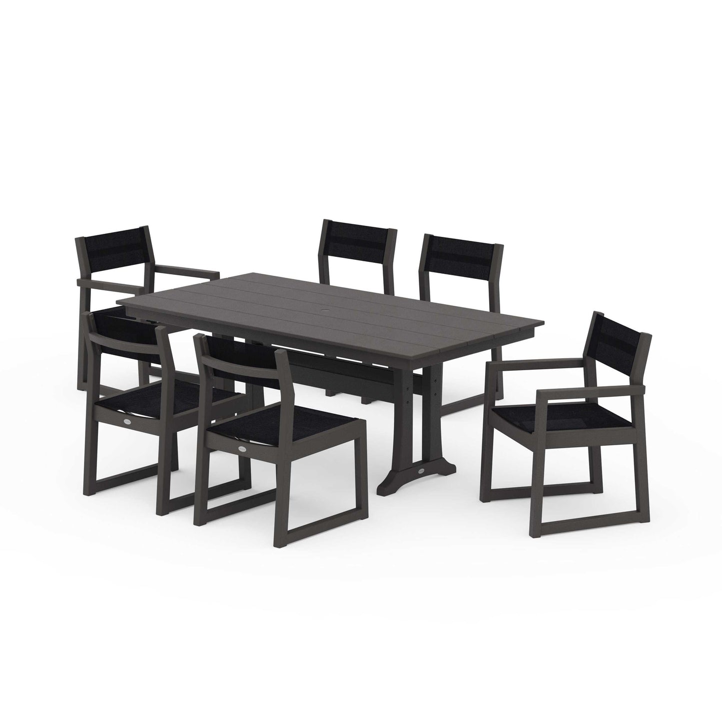 POLYWOOD EDGE Sling 7-Piece Farmhouse Trestle Dining Set — Vintage Coffee / Black Sling