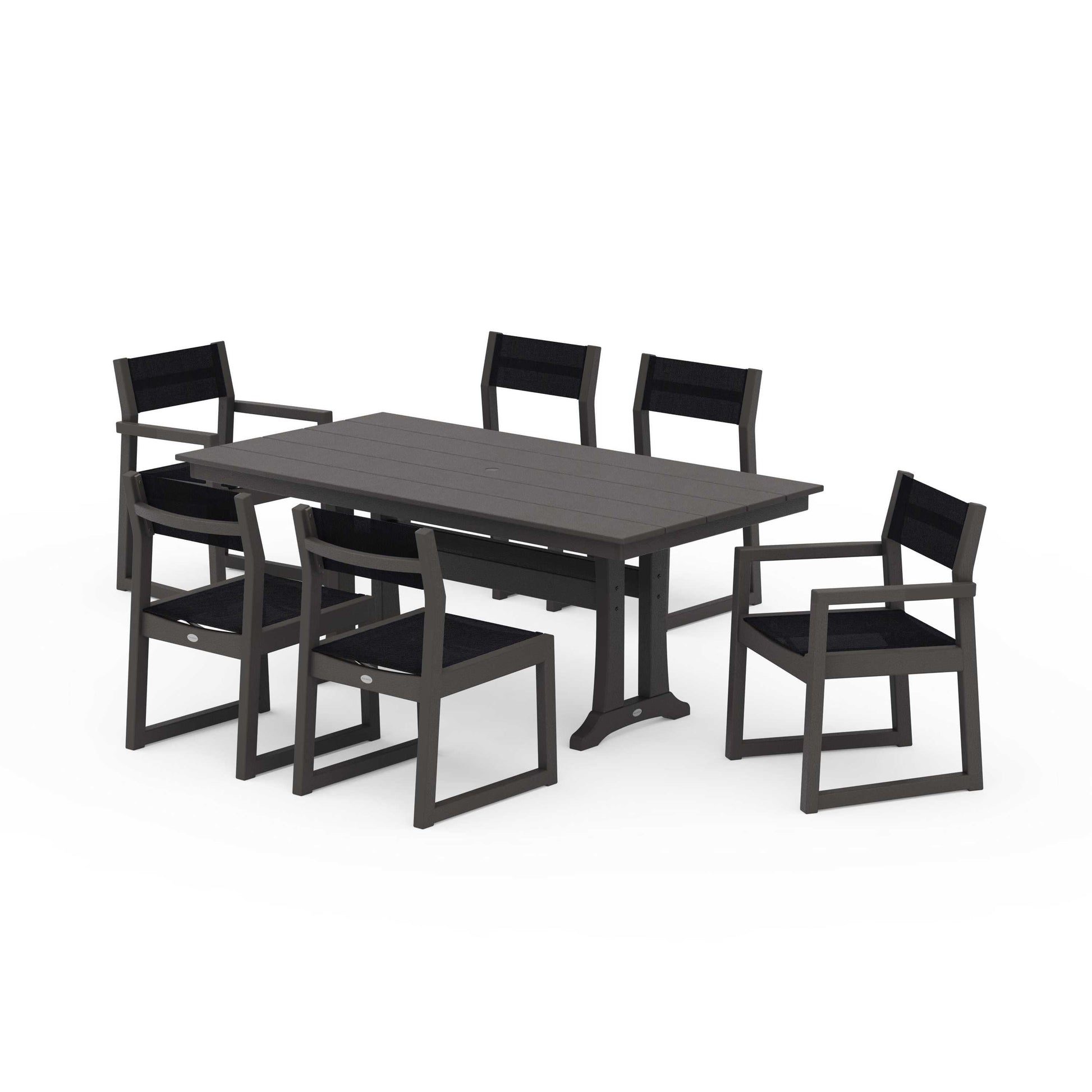 POLYWOOD EDGE Sling 7-Piece Farmhouse Trestle Dining Set — Vintage Coffee / Black Sling