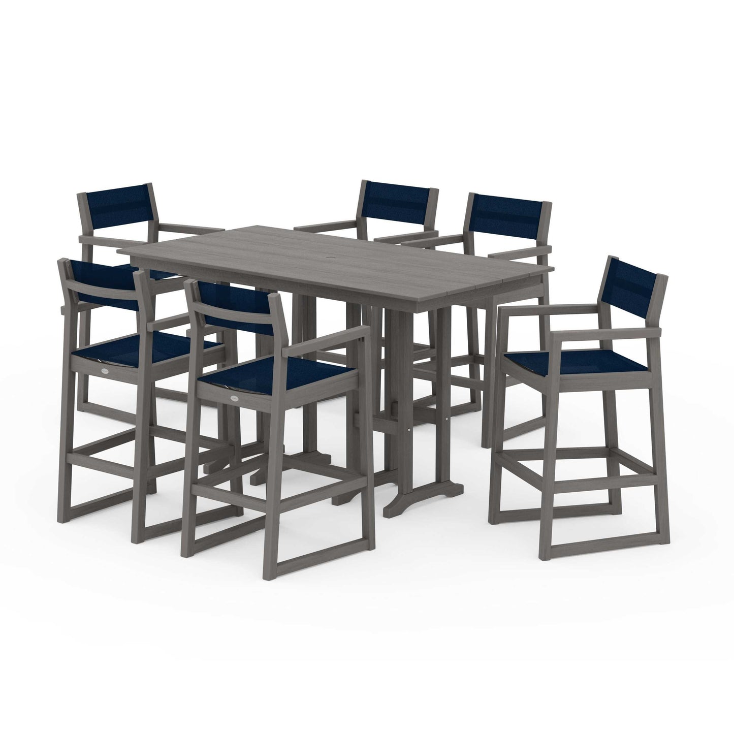 POLYWOOD EDGE Sling Arm Chair 7-Piece Farmhouse Bar Set — Driftwood / Navy Blue Sling