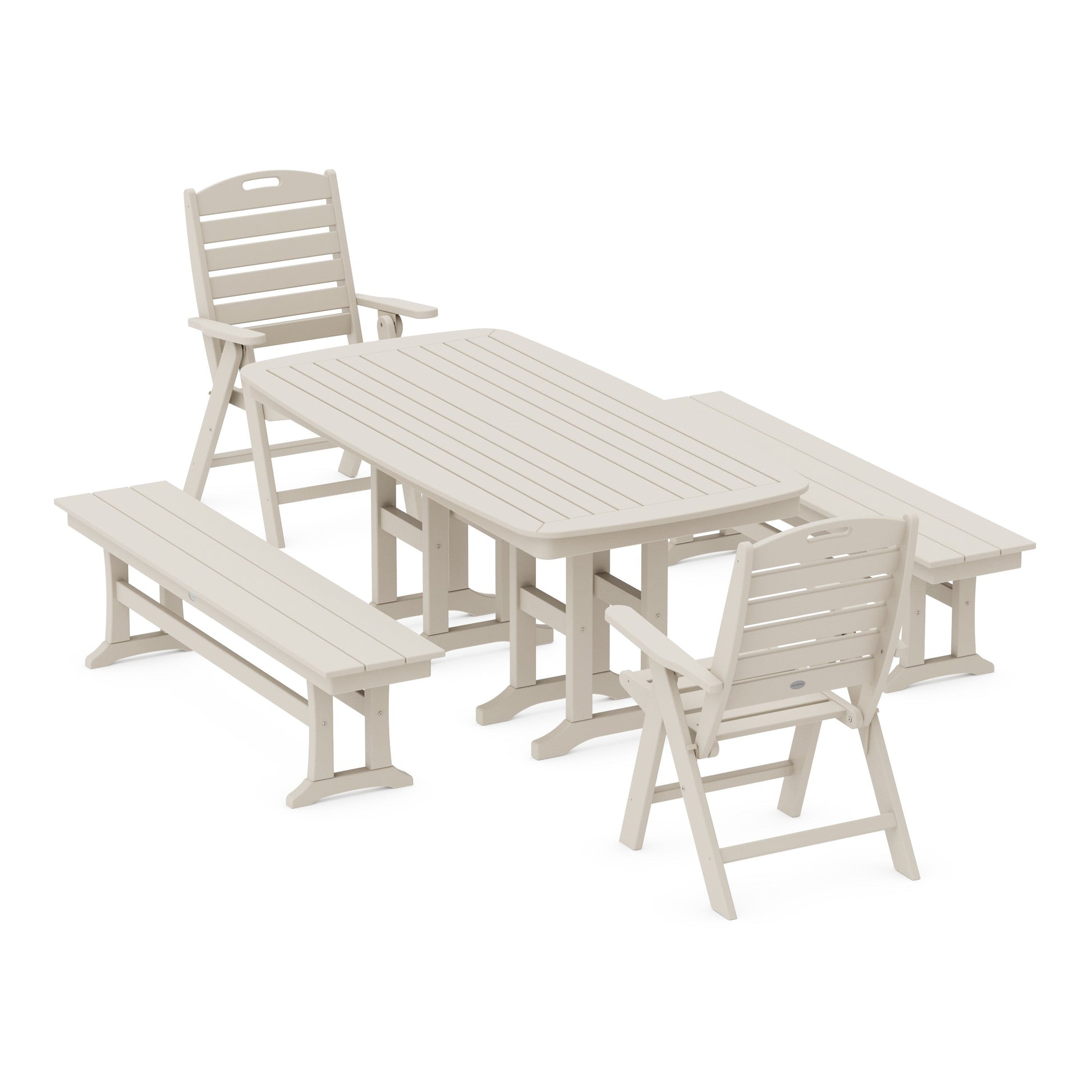 POLYWOOD Nautical Highback 5-Piece Dining Set with Benches — Sand