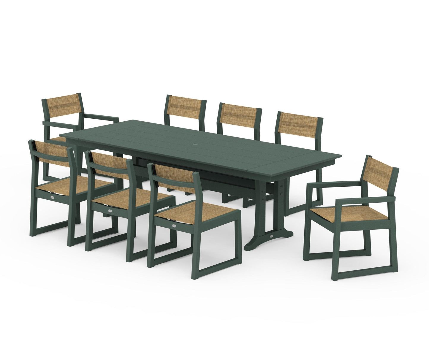 POLYWOOD EDGE Sling 9-Piece Farmhouse Trestle Dining Set — Green / Burlap Sling